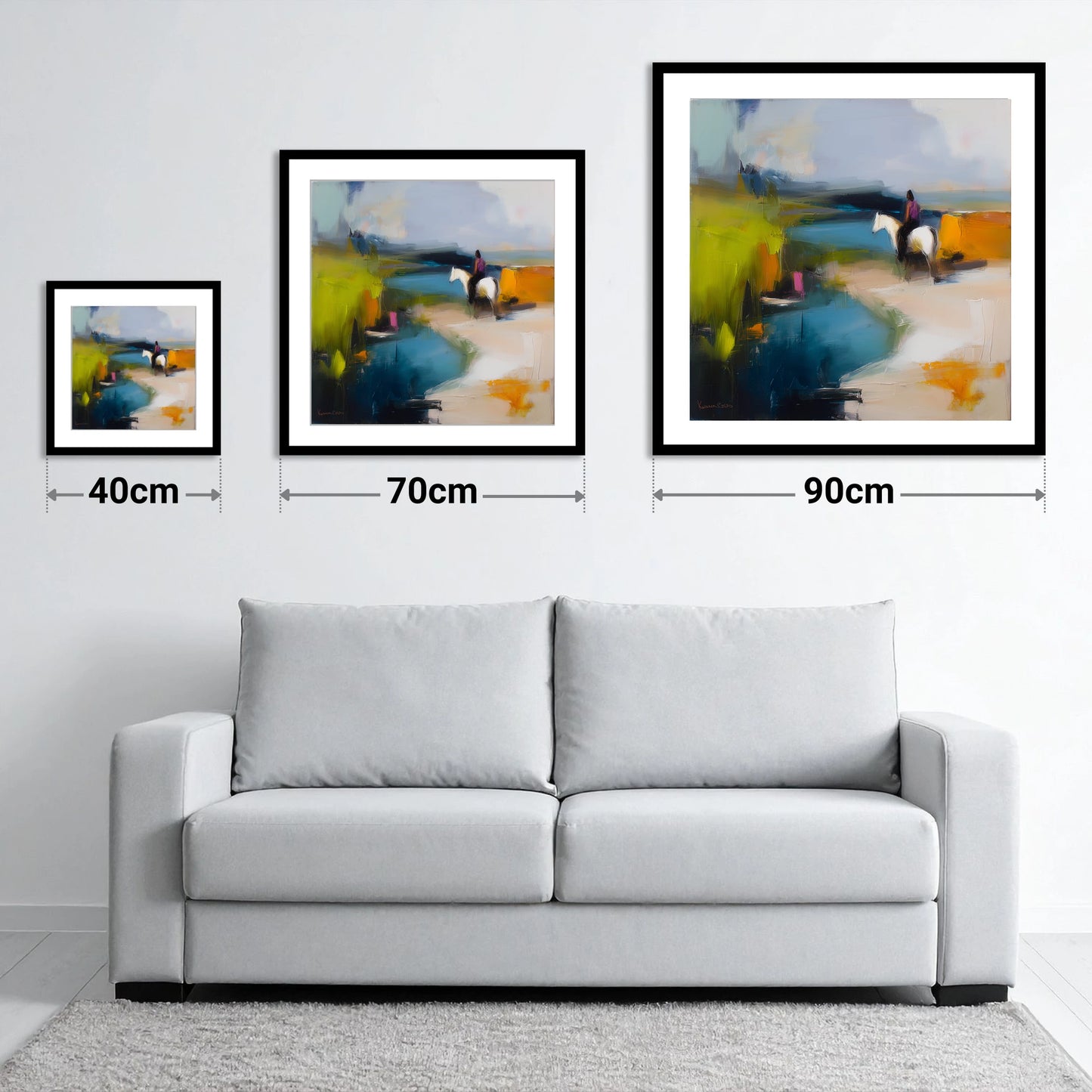 Vibrant Shoreline Hack - size guide showing 40cm, 70cm and 90cm art prints