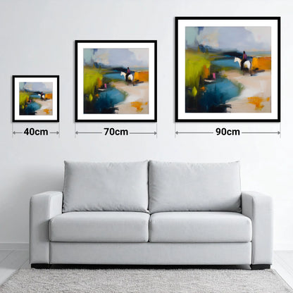 Vibrant Shoreline Hack - size guide showing 40cm, 70cm and 90cm art prints