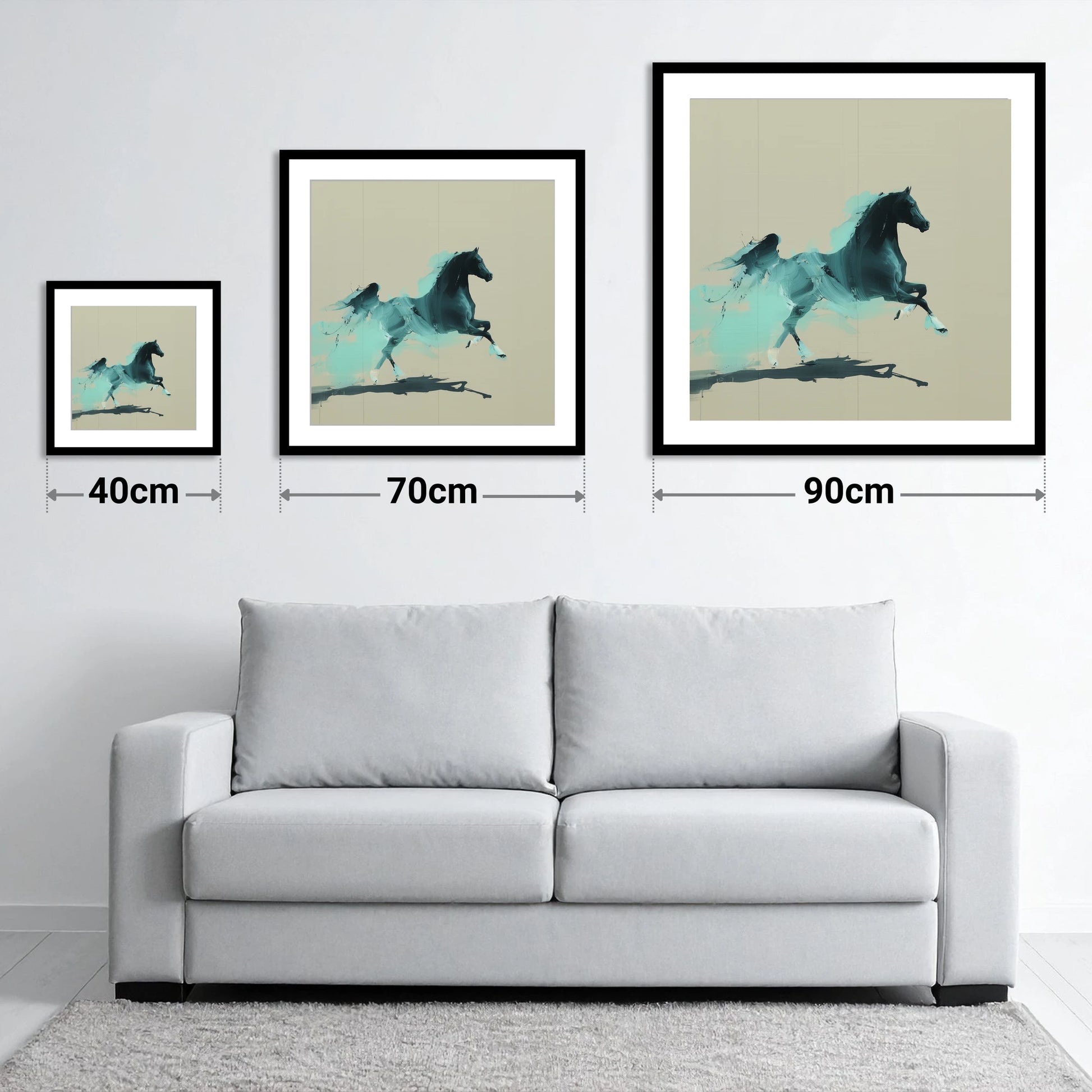 Vivid Arabian Energy - size guide showing 40cm, 70cm and 90cm art prints
