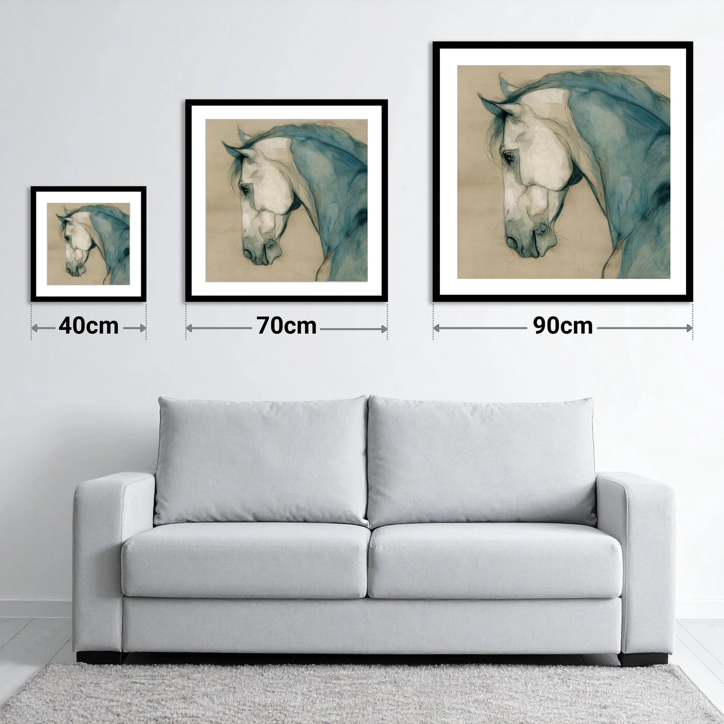 Teal Equine Study - size guide showing 40cm, 70cm and 90cm art prints