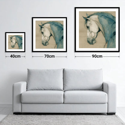 Teal Equine Study - size guide showing 40cm, 70cm and 90cm art prints