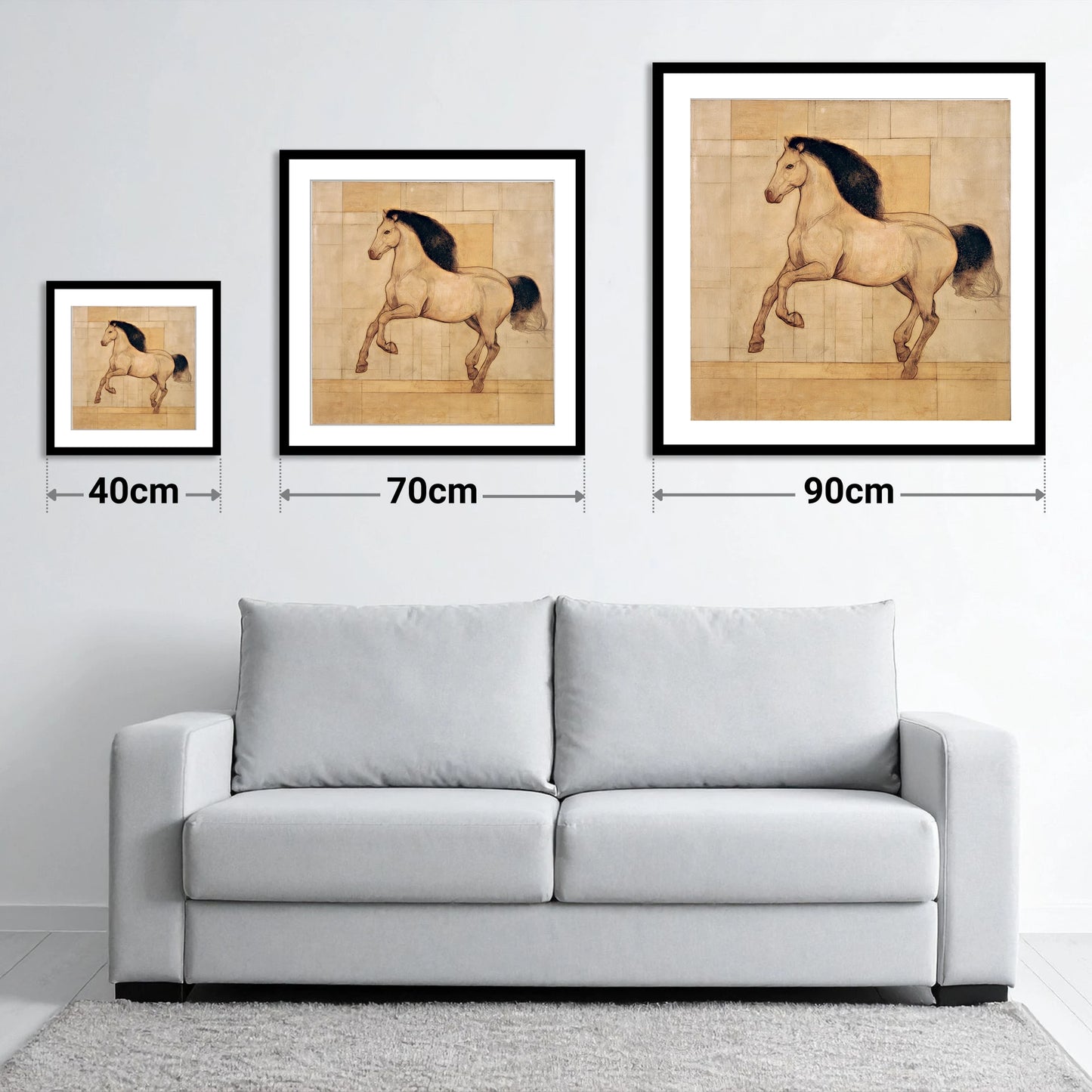 Classical Equine Study - size guide showing 40cm, 70cm and 90cm art prints