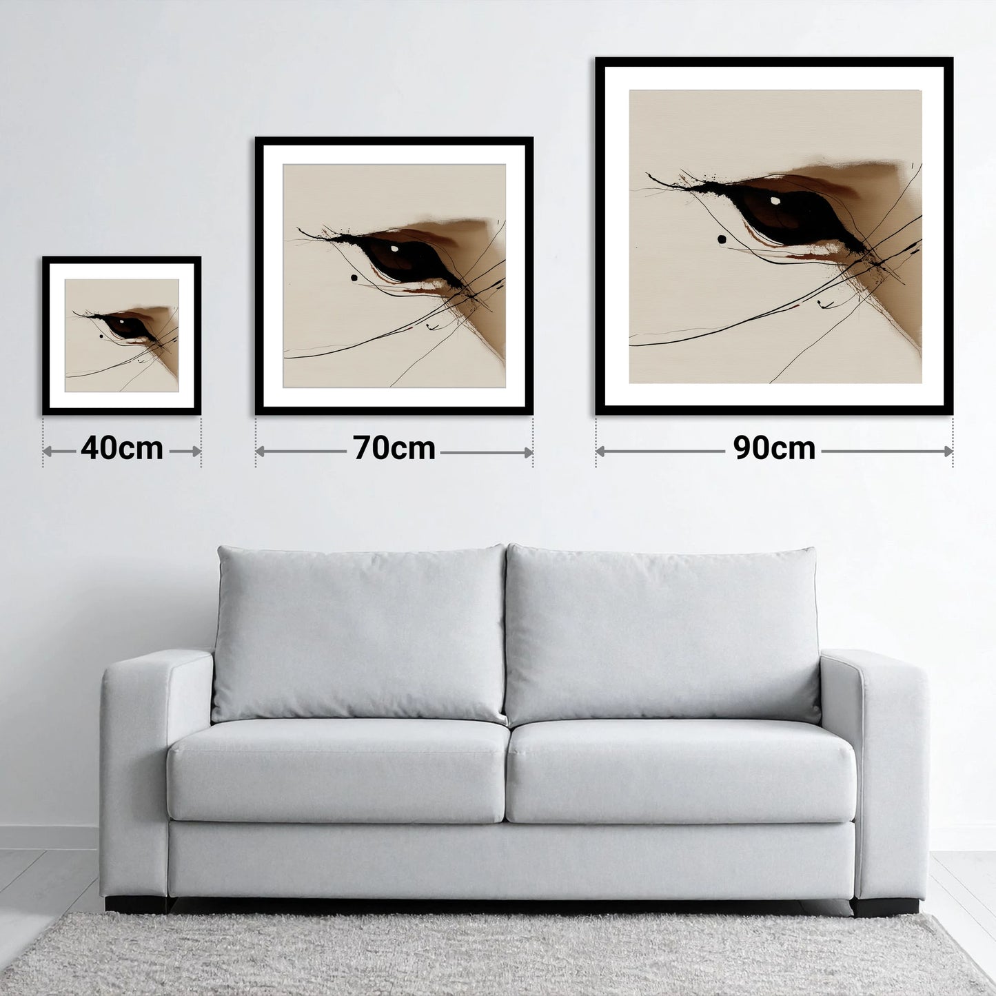 Soulful Equine Gaze - size guide showing 40cm, 70cm and 90cm art prints