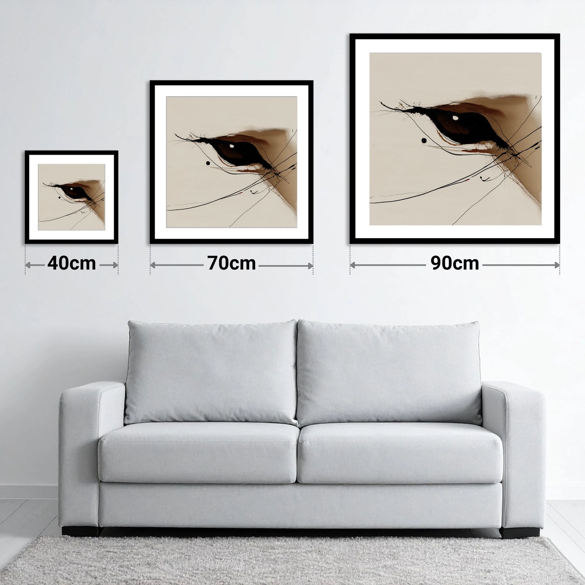 Soulful Equine Gaze - size guide showing 40cm, 70cm and 90cm art prints
