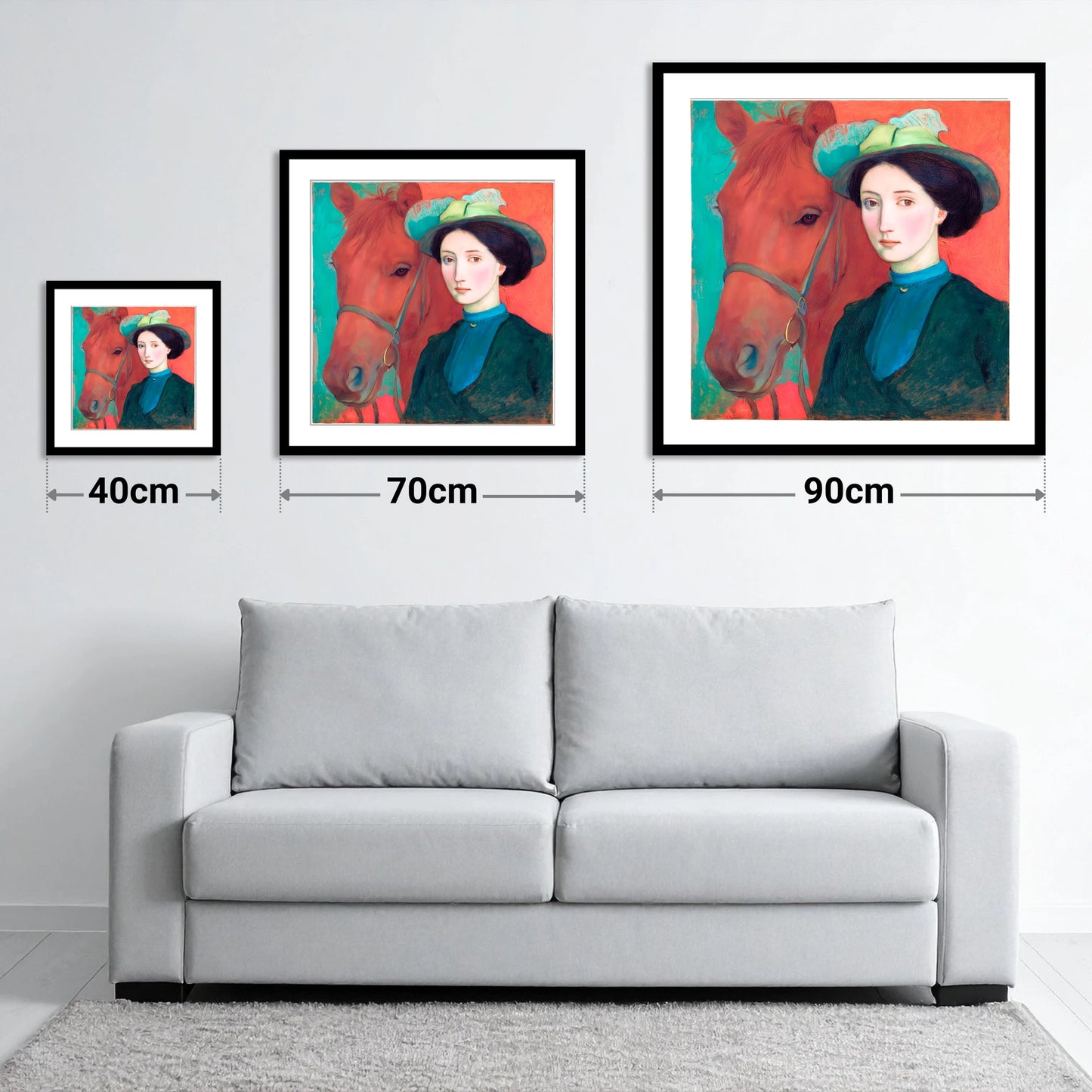 Crimson and Teal Bond - size guide showing 40cm, 70cm and 90cm art prints