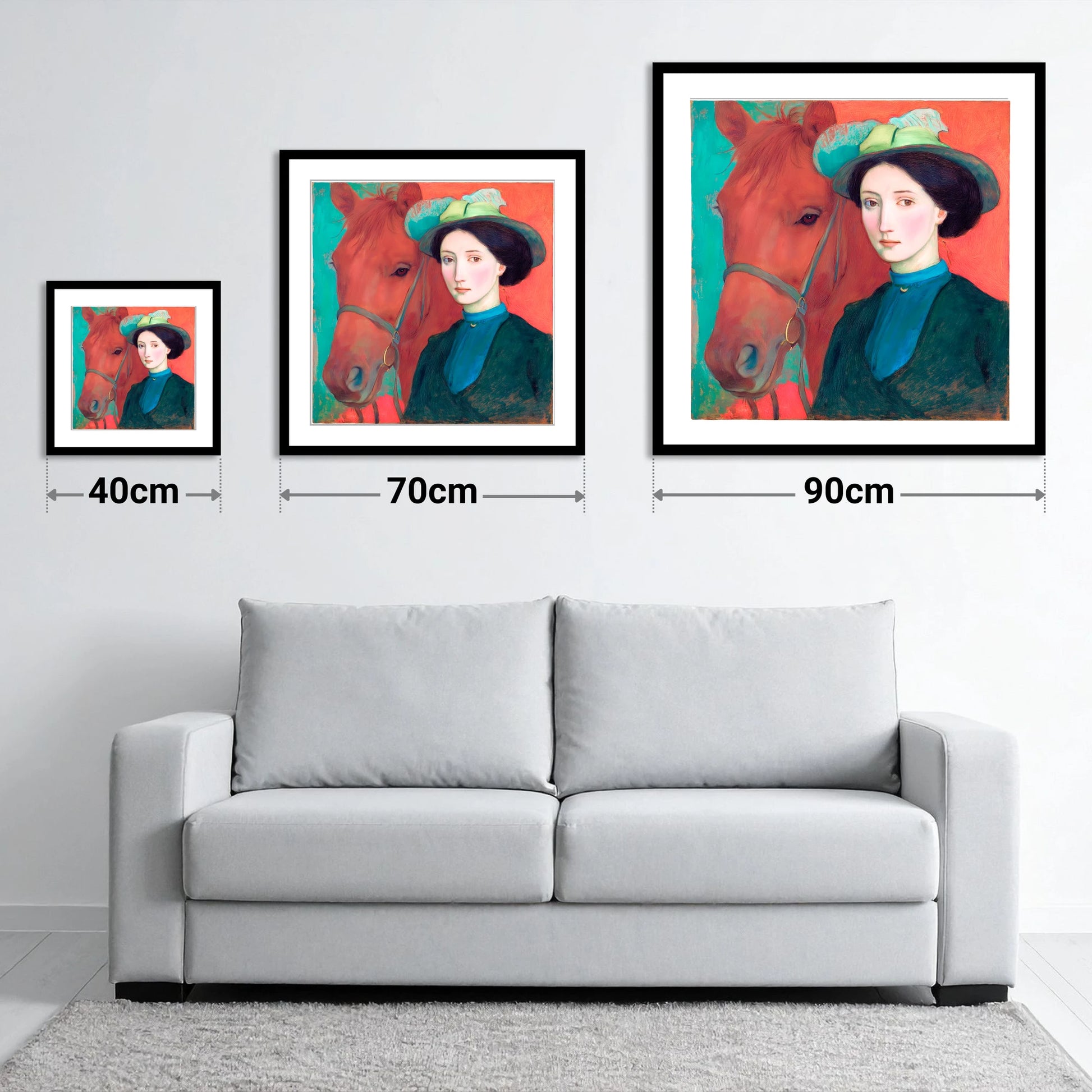Crimson and Teal Bond - size guide showing 40cm, 70cm and 90cm art prints