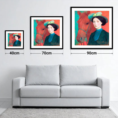 Crimson and Teal Bond - size guide showing 40cm, 70cm and 90cm art prints