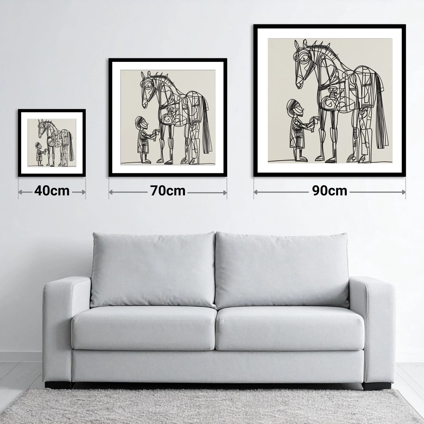 Linear Harmony - size guide showing 40cm, 70cm and 90cm art prints