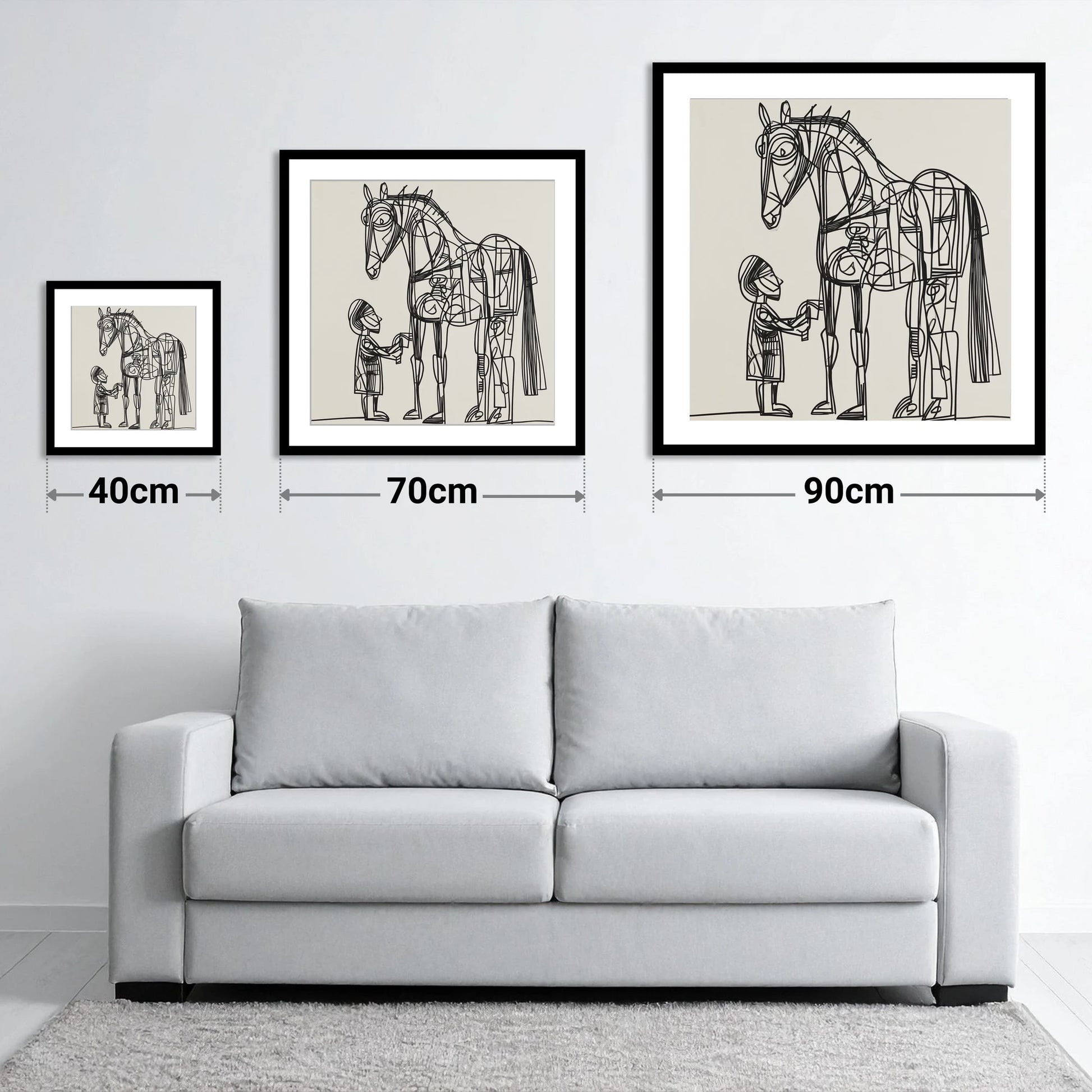Linear Harmony - size guide showing 40cm, 70cm and 90cm art prints