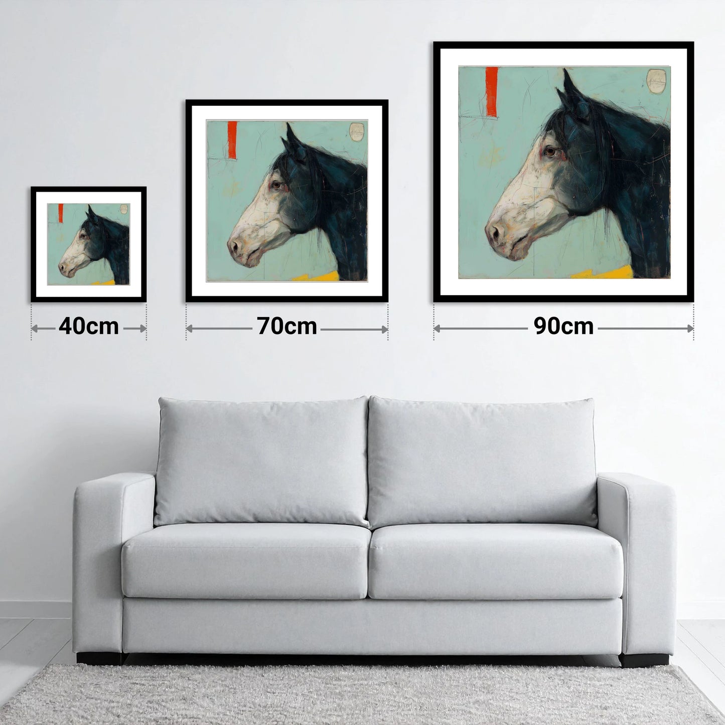 Abstract Equine Profile - size guide showing 40cm, 70cm and 90cm art prints