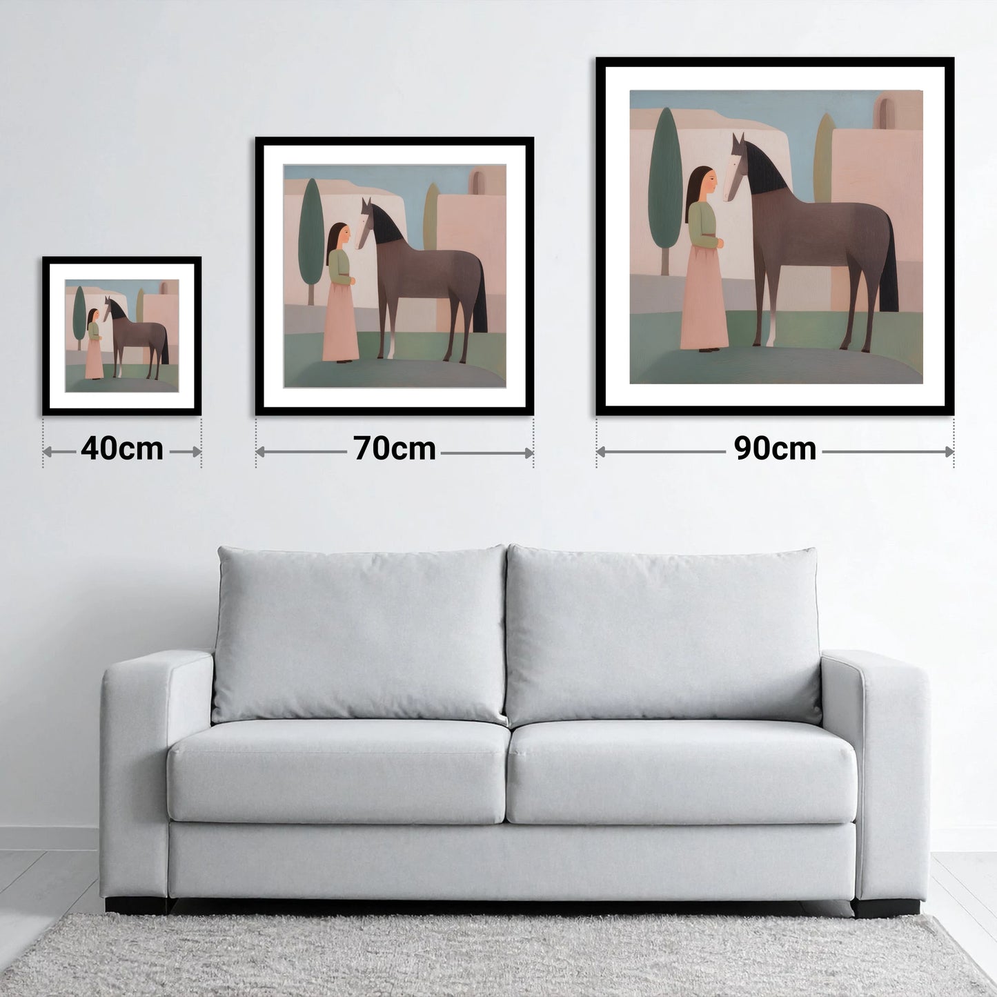 Timeless Connection - size guide showing 40cm, 70cm and 90cm art prints