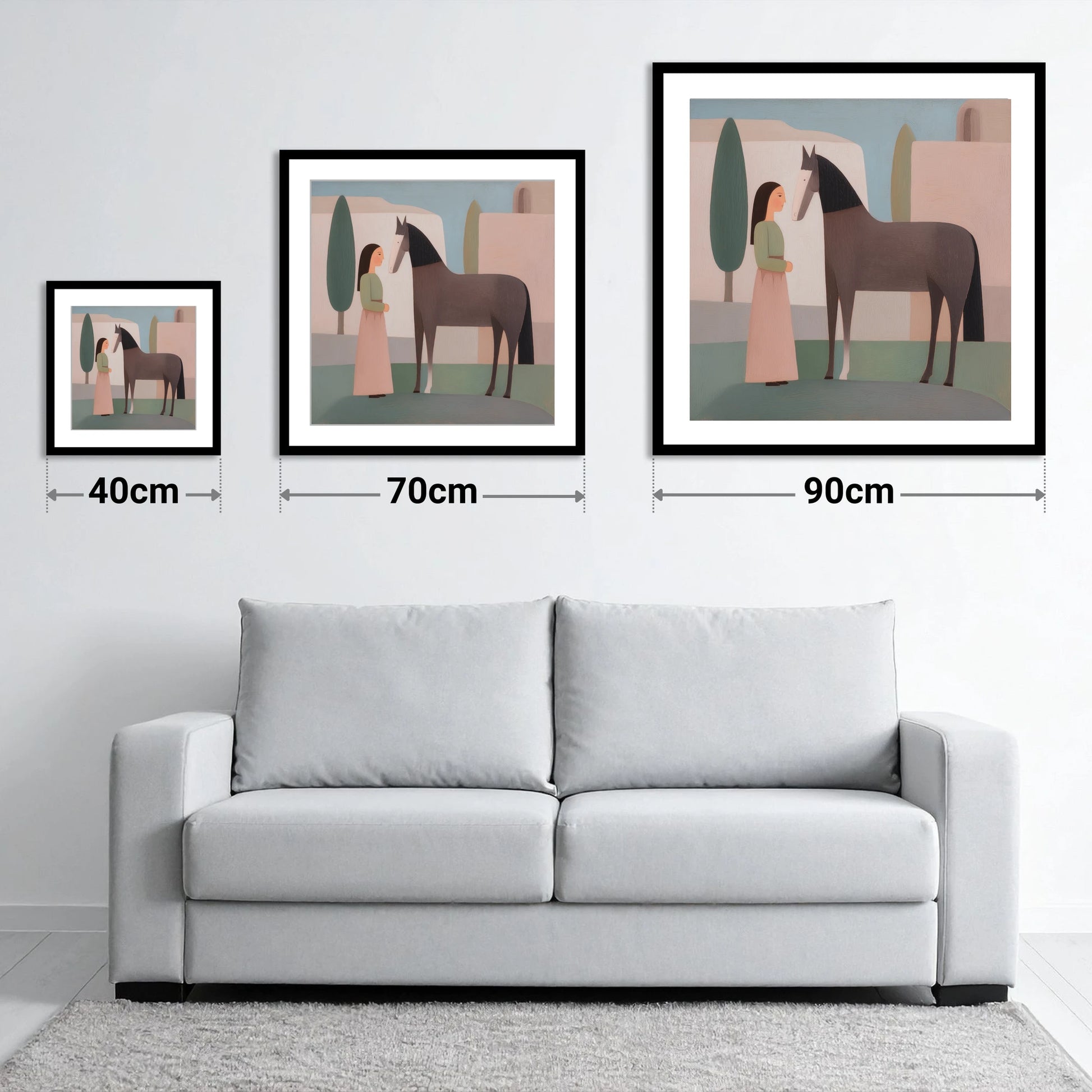 Timeless Connection - size guide showing 40cm, 70cm and 90cm art prints