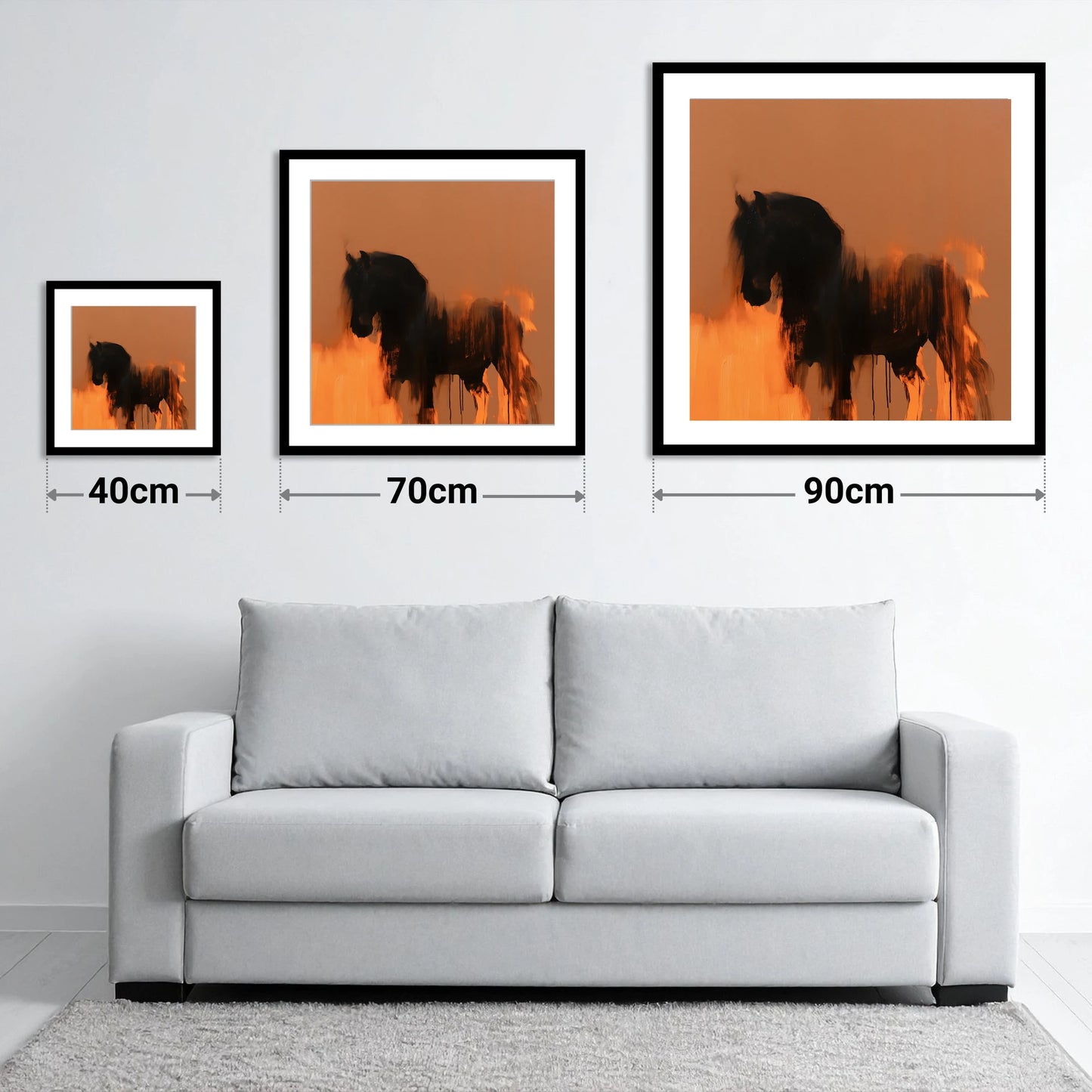 Black Friesian In Burnt Orange - size guide showing 40cm, 70cm and 90cm art prints