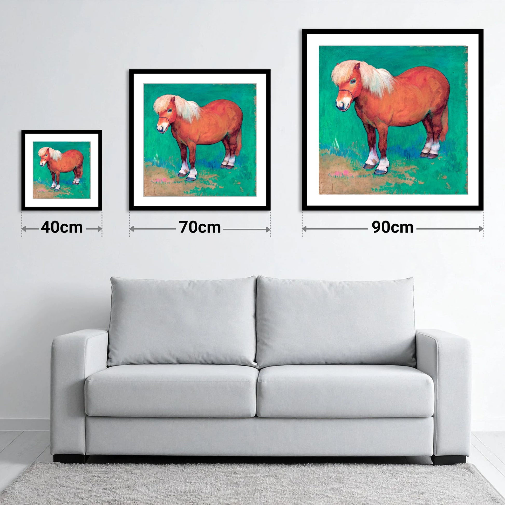 Emerald Chestnut Pony - size guide showing 40cm, 70cm and 90cm art prints