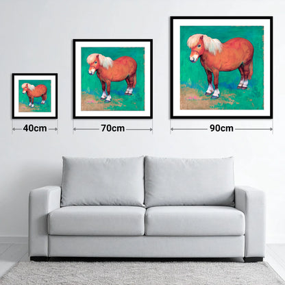 Emerald Chestnut Pony - size guide showing 40cm, 70cm and 90cm art prints