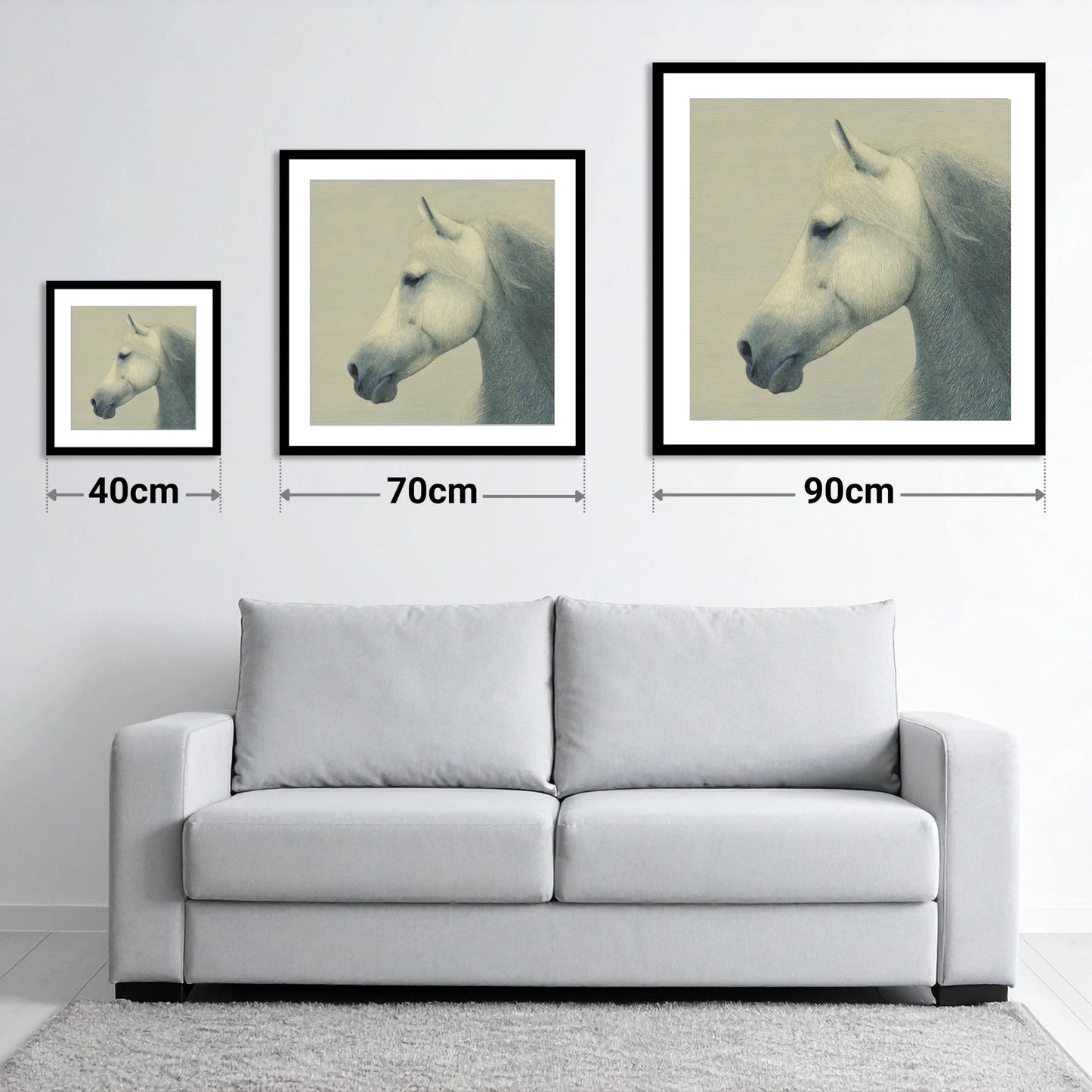 Timeless Grey Profile - size guide showing 40cm, 70cm and 90cm art prints