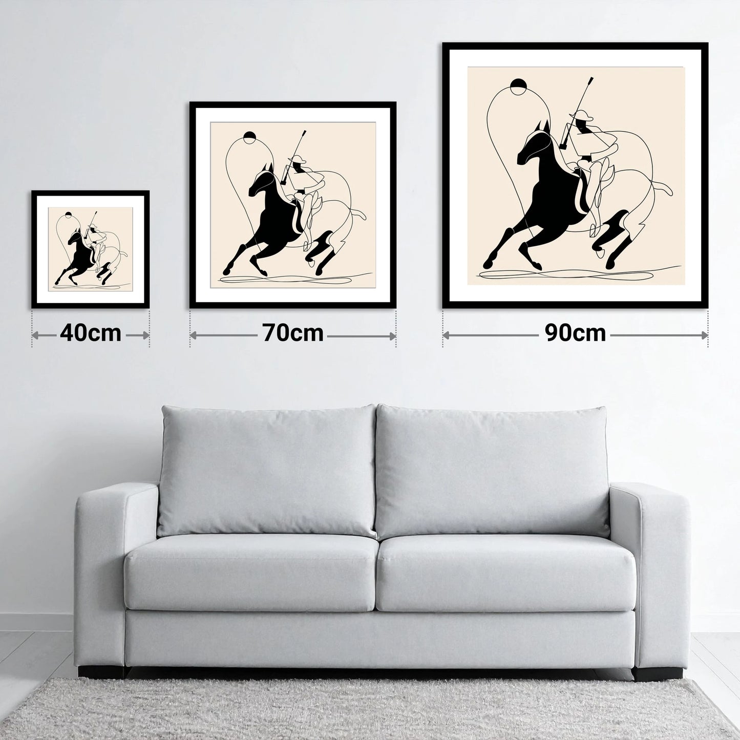 The Polo Swing - size guide showing 40cm, 70cm and 90cm art prints