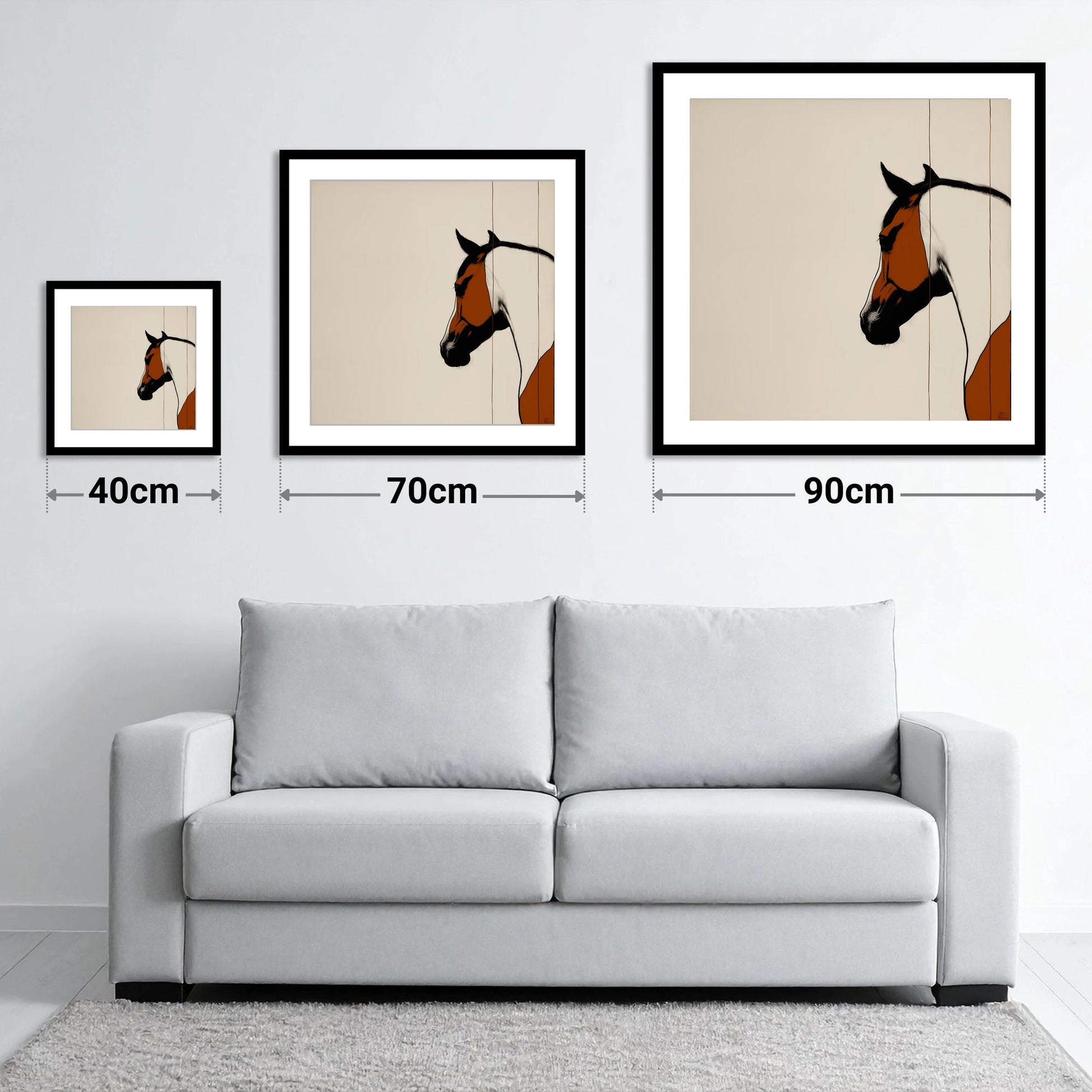 Minimalist Chestnut Silhouette - size guide showing 40cm, 70cm and 90cm art prints