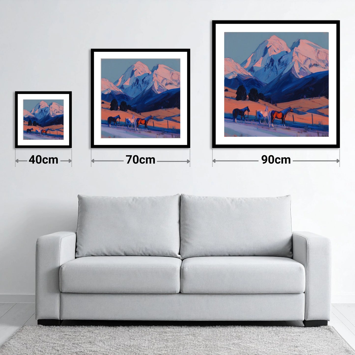Mountain Alpenglow Pastures - size guide showing 40cm, 70cm and 90cm art prints