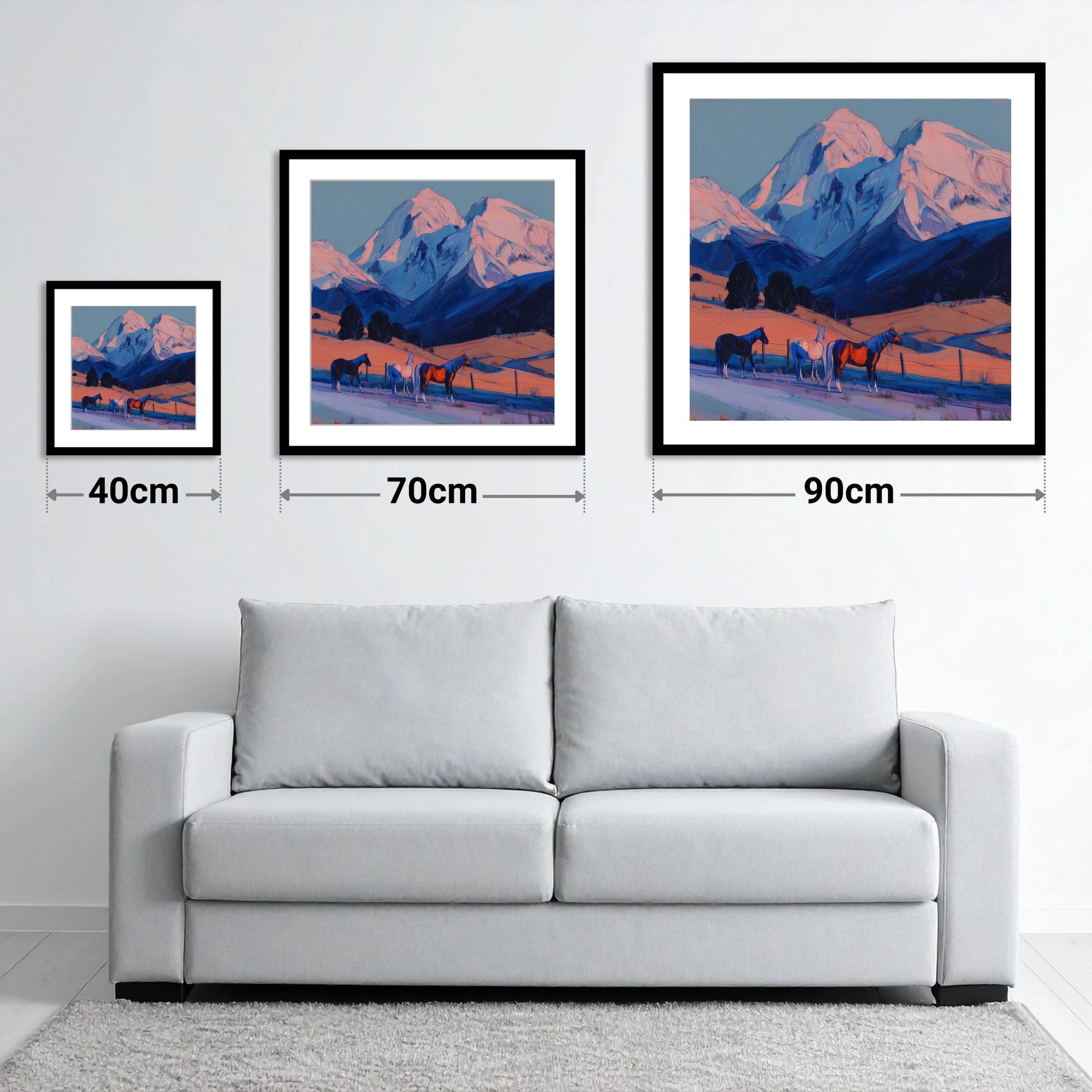 Mountain Alpenglow Pastures - size guide showing 40cm, 70cm and 90cm art prints