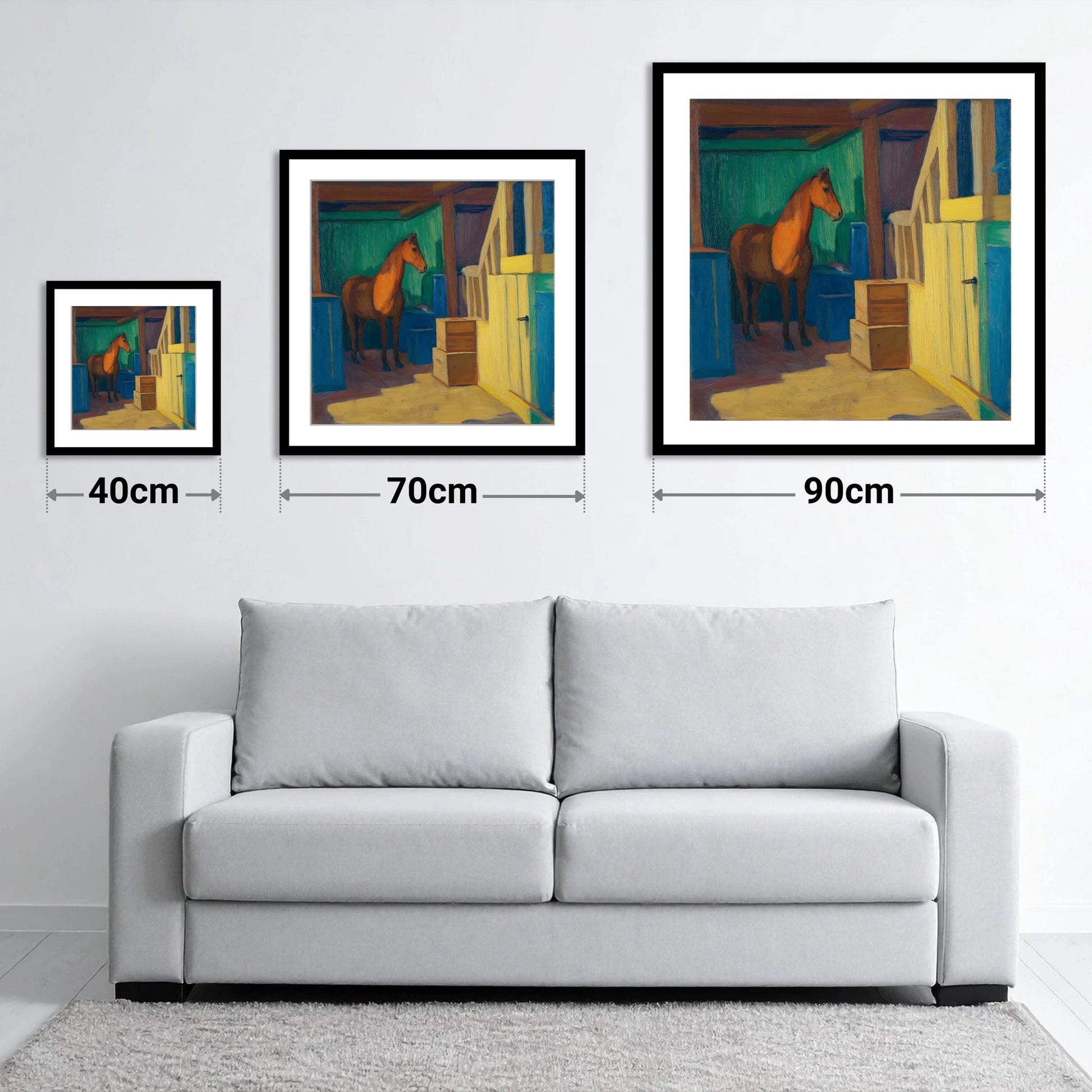 Vibrant Stable Light - size guide showing 40cm, 70cm and 90cm art prints