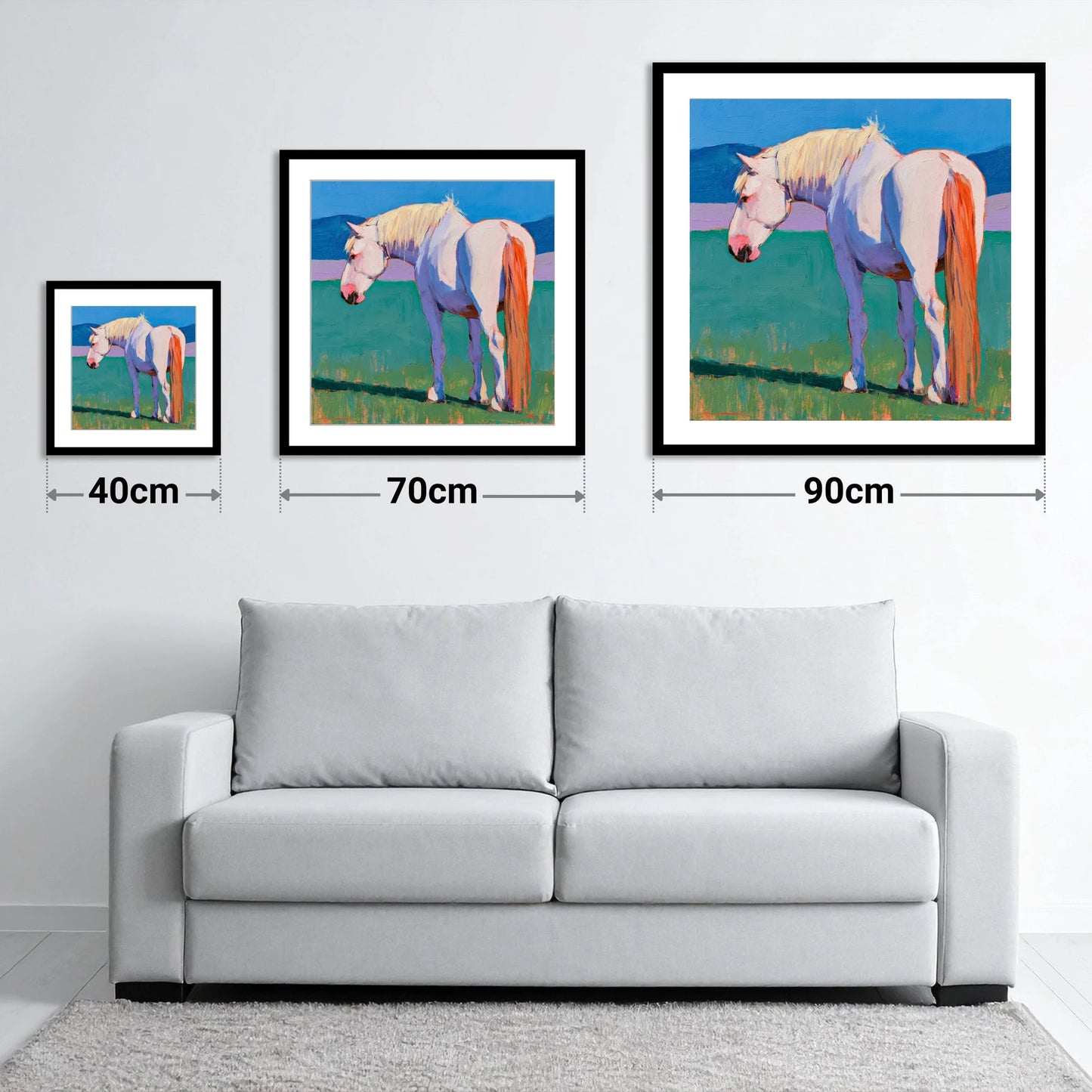 White Horse in Vibrant Light - size guide showing 40cm, 70cm and 90cm art prints