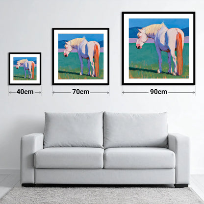 White Horse in Vibrant Light - size guide showing 40cm, 70cm and 90cm art prints