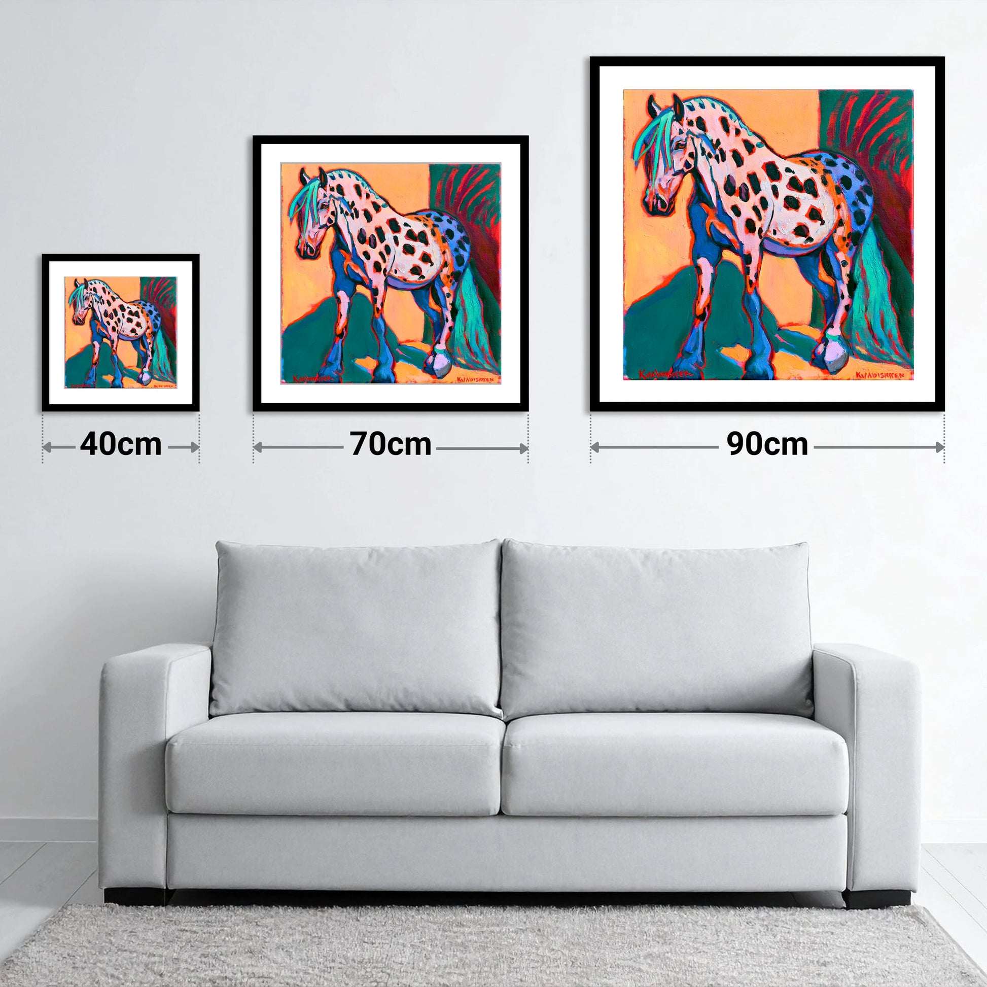 Colourful Spotted Knabstrupper Horse - size guide showing 40cm, 70cm and 90cm art prints