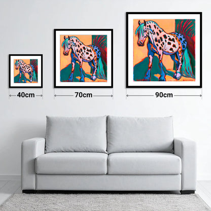 Colourful Spotted Knabstrupper Horse - size guide showing 40cm, 70cm and 90cm art prints