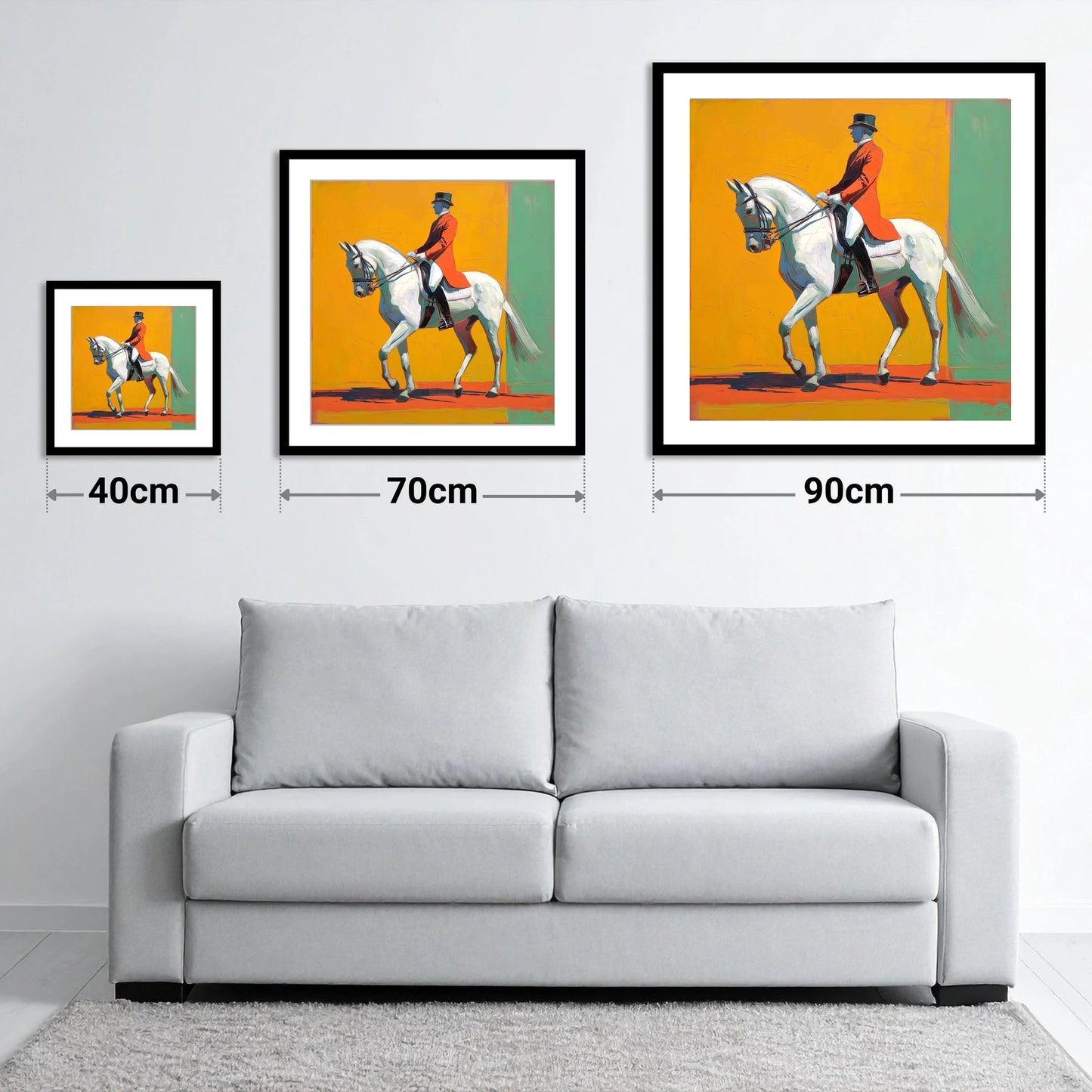 Radiant Dressage Stride - size guide showing 40cm, 70cm and 90cm art prints