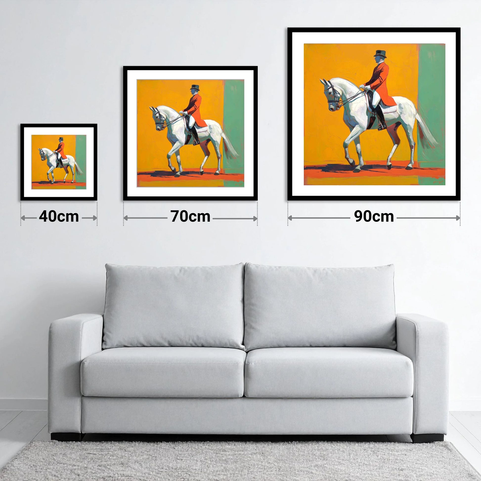 Radiant Dressage Stride - size guide showing 40cm, 70cm and 90cm art prints