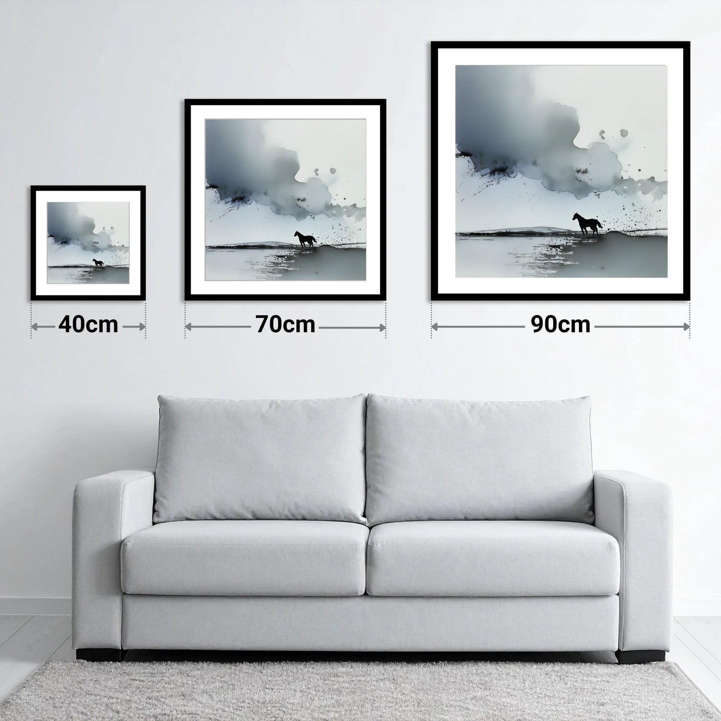 Atmospheric Grey Horizon - size guide showing 40cm, 70cm and 90cm art prints
