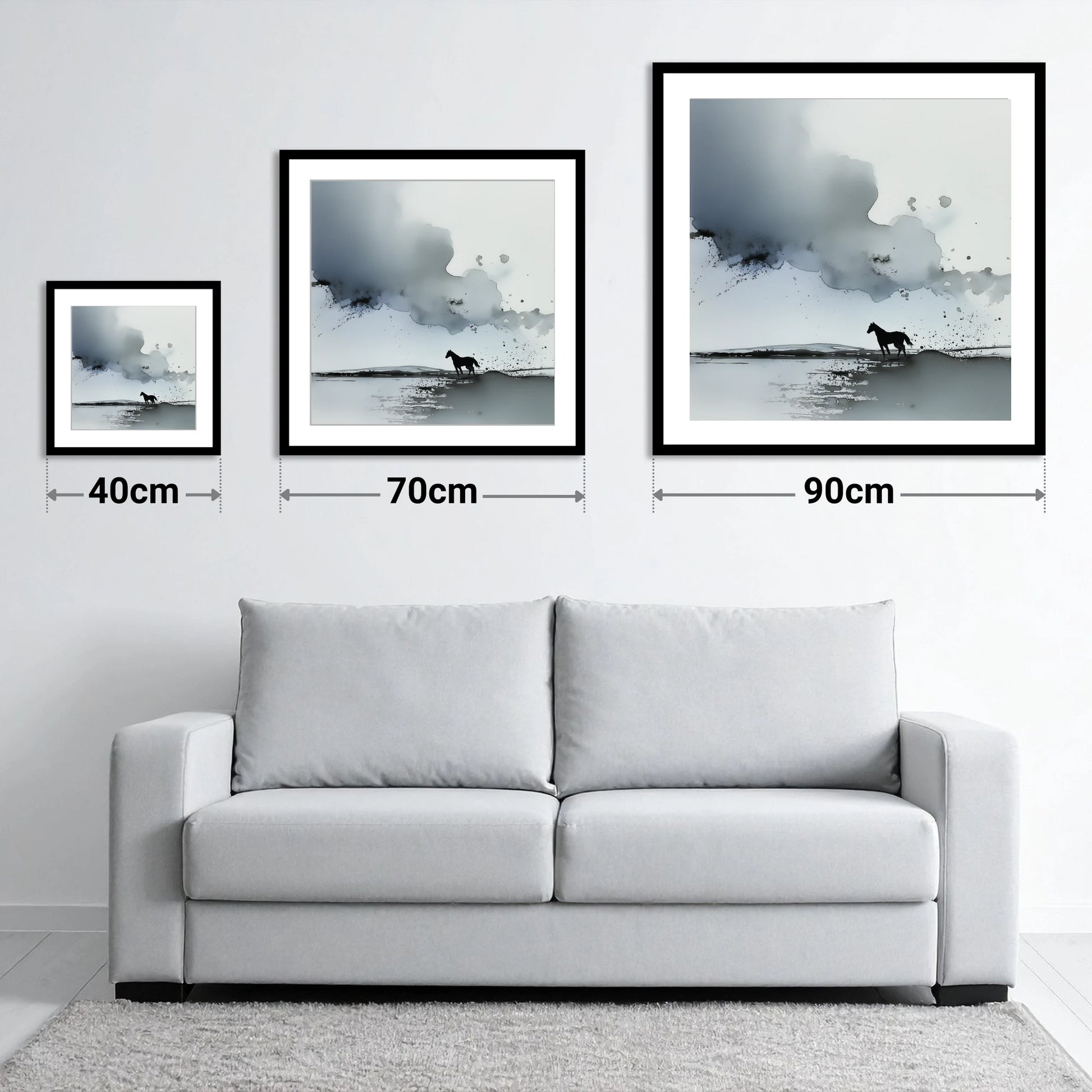 Atmospheric Grey Horizon - size guide showing 40cm, 70cm and 90cm art prints