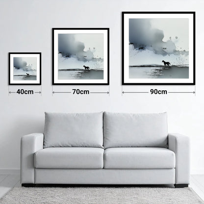 Atmospheric Grey Horizon - size guide showing 40cm, 70cm and 90cm art prints