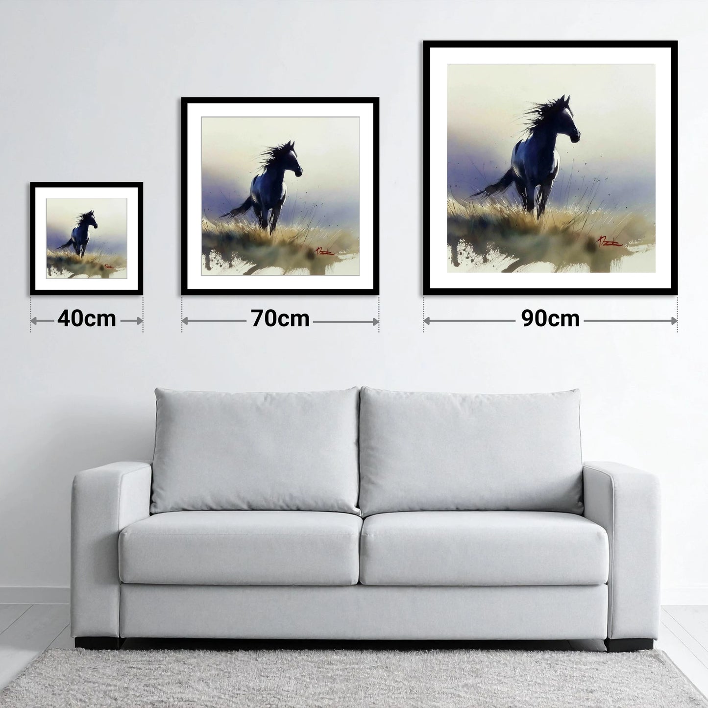 Into the Wind - size guide showing 40cm, 70cm and 90cm art prints