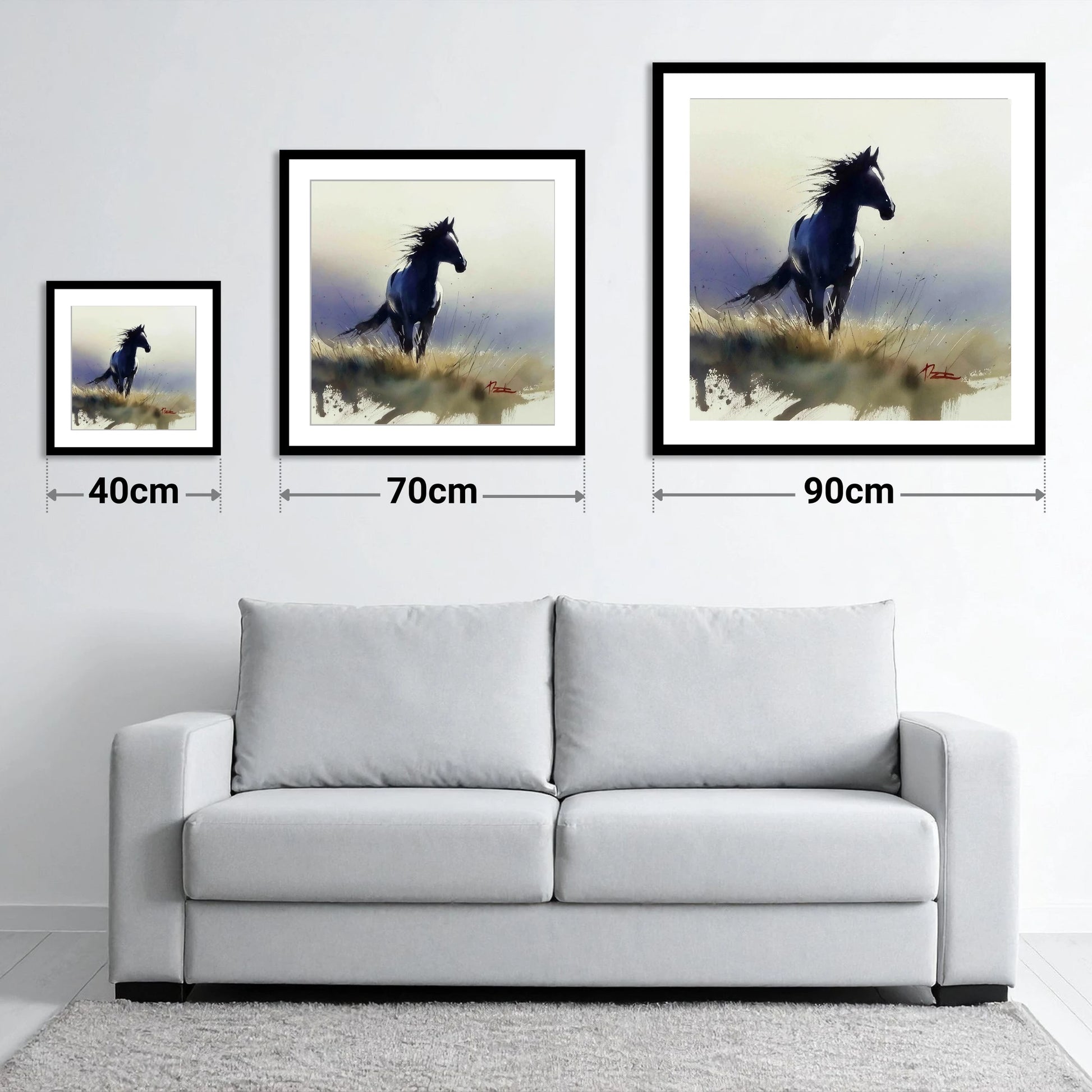 Into the Wind - size guide showing 40cm, 70cm and 90cm art prints