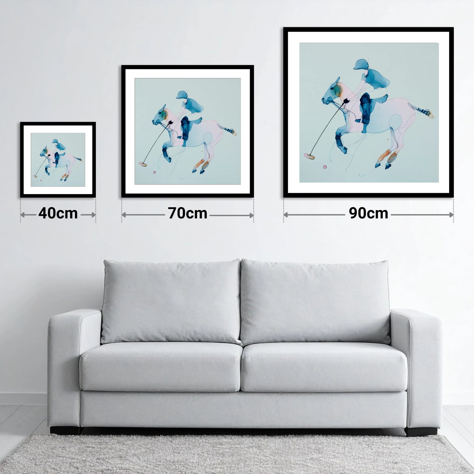Ethereal Polo Strike - size guide showing 40cm, 70cm and 90cm art prints