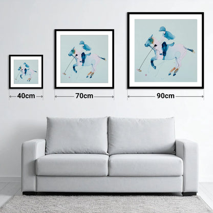 Ethereal Polo Strike - size guide showing 40cm, 70cm and 90cm art prints