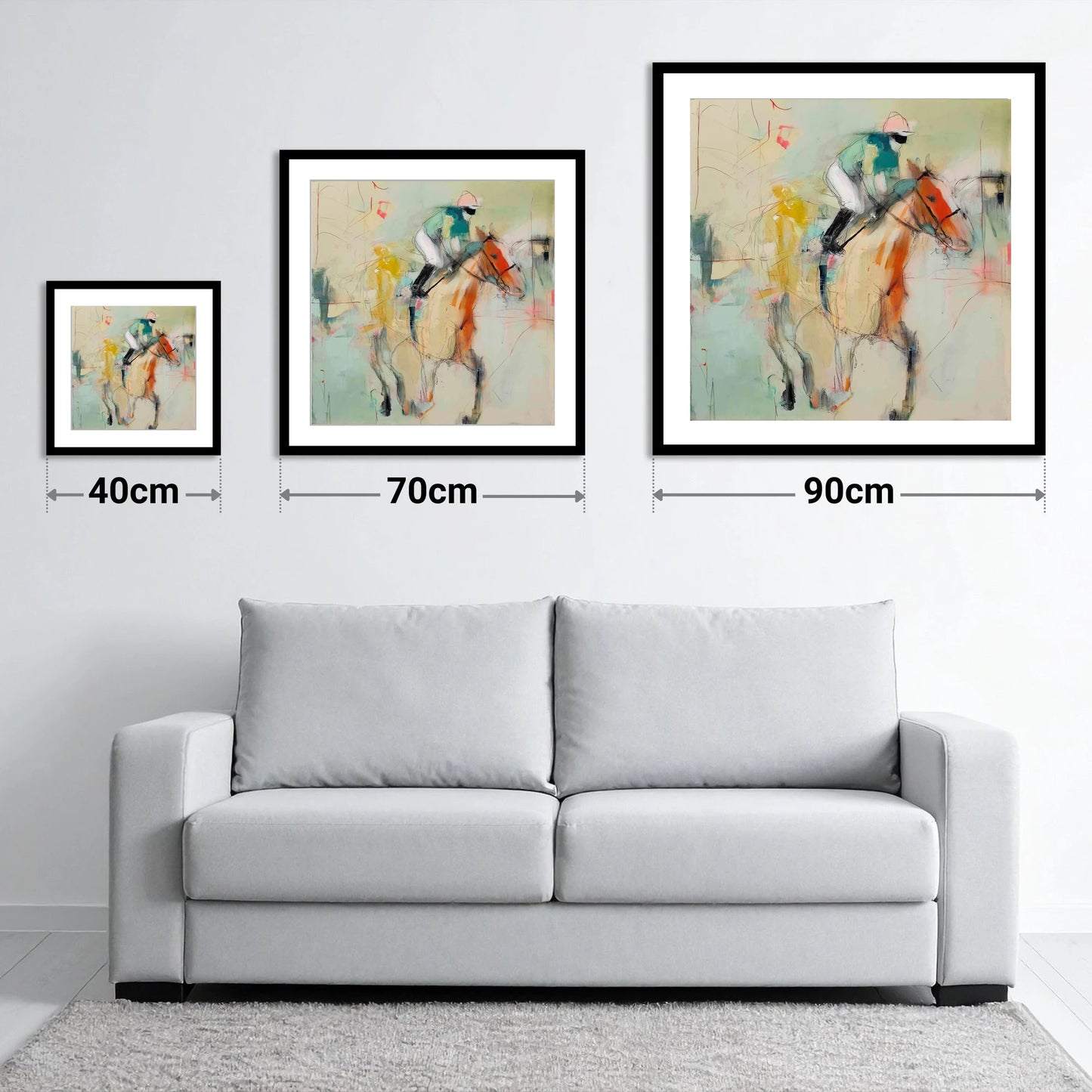 The Fleeting Stride - size guide showing 40cm, 70cm and 90cm art prints