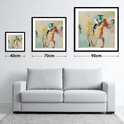 The Fleeting Stride - size guide showing 40cm, 70cm and 90cm art prints