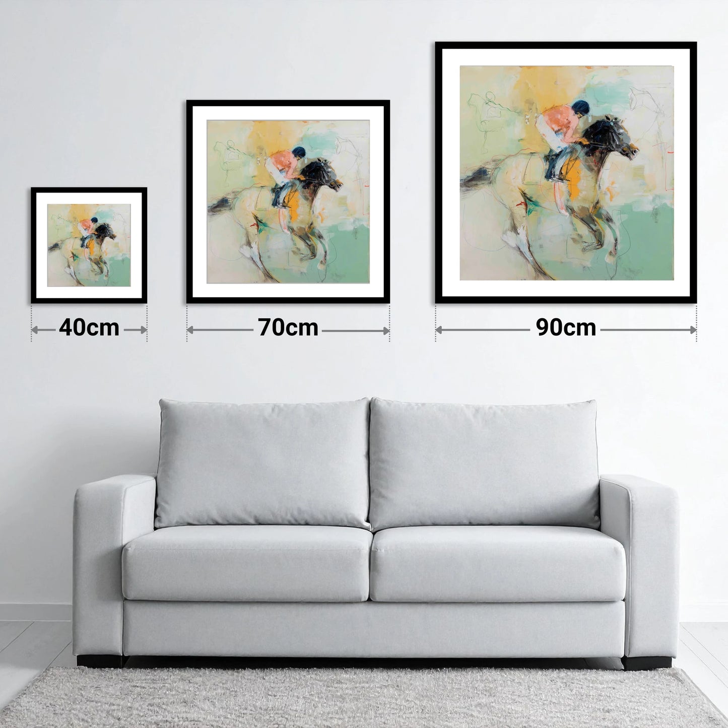 The Driving Finish - size guide showing 40cm, 70cm and 90cm art prints