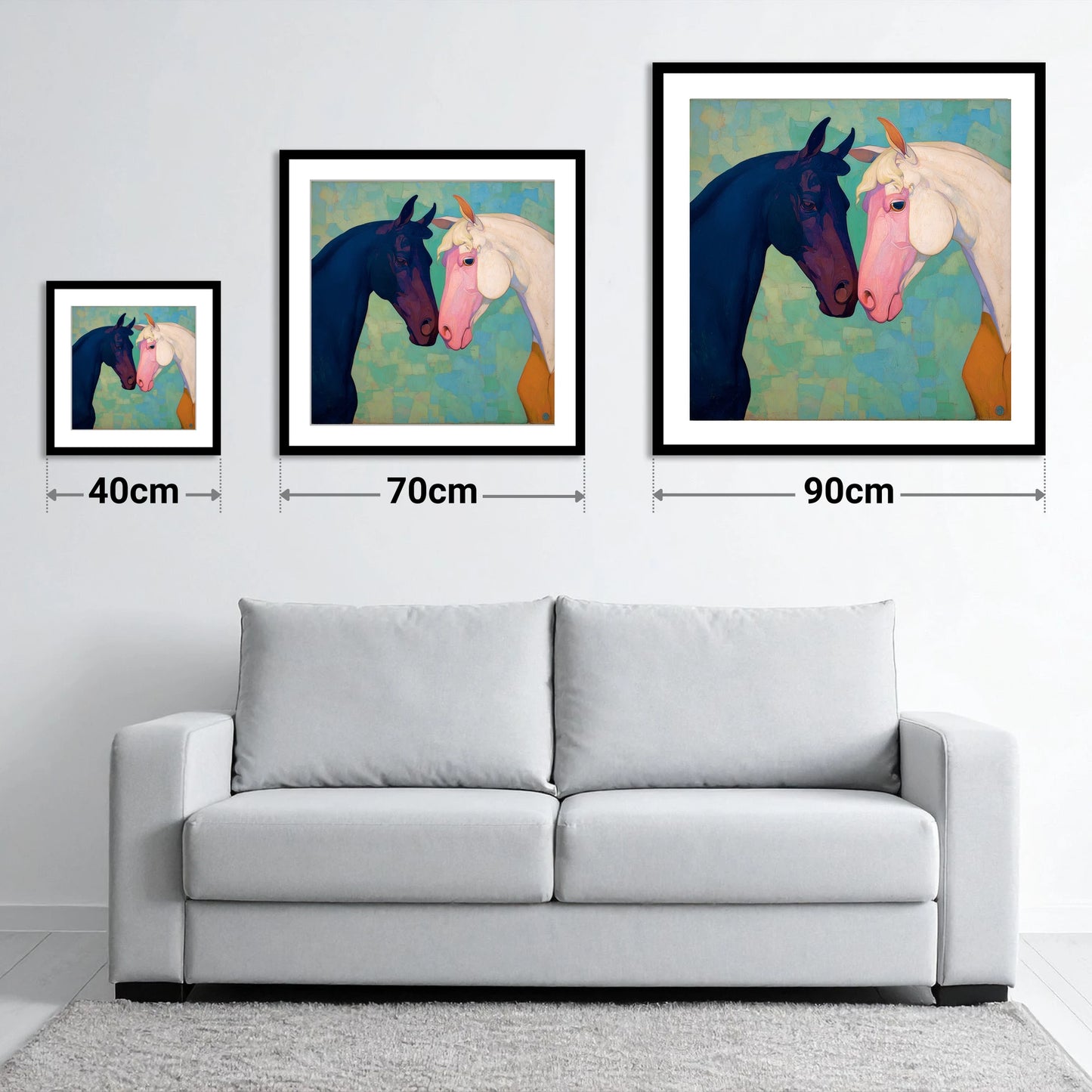 Sapphire and Rose - size guide showing 40cm, 70cm and 90cm art prints