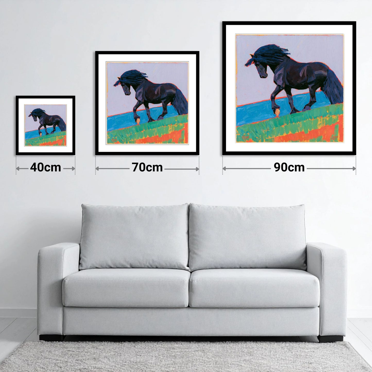 Black Friesian in Bold Landscape - size guide showing 40cm, 70cm and 90cm art prints