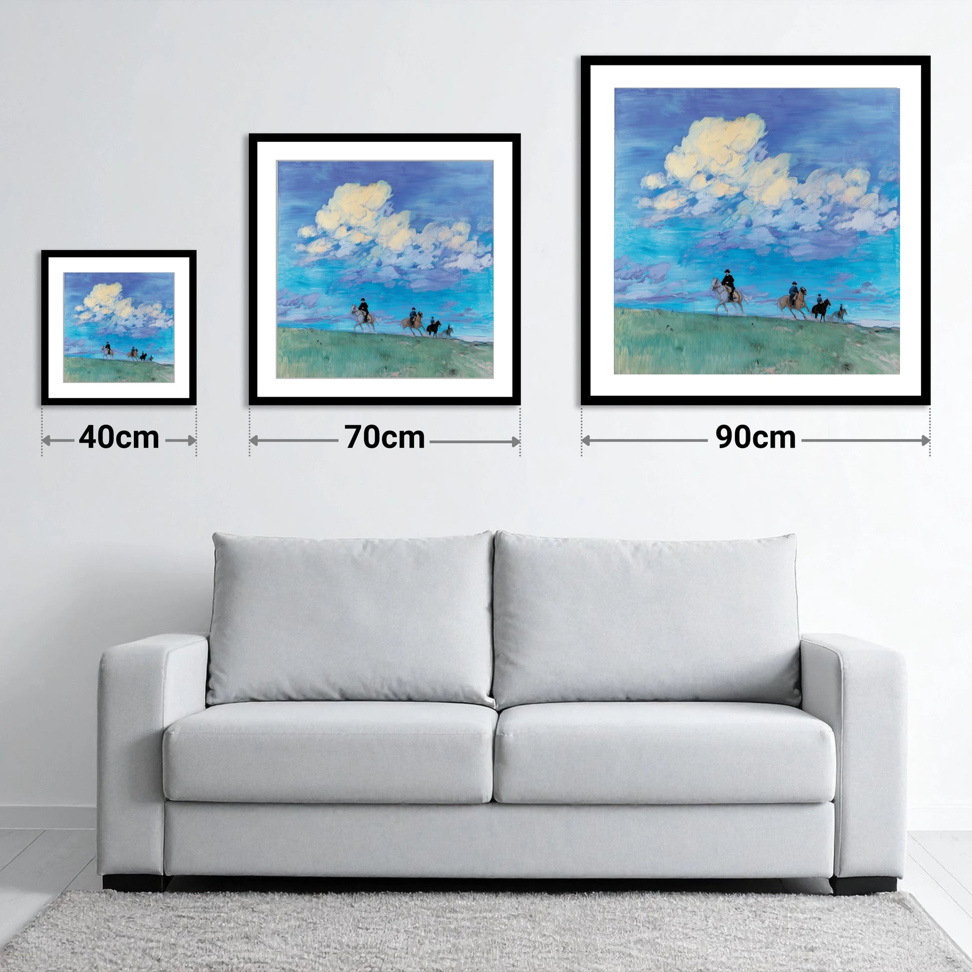 Beneath the Vast Sky - size guide showing 40cm, 70cm and 90cm art prints