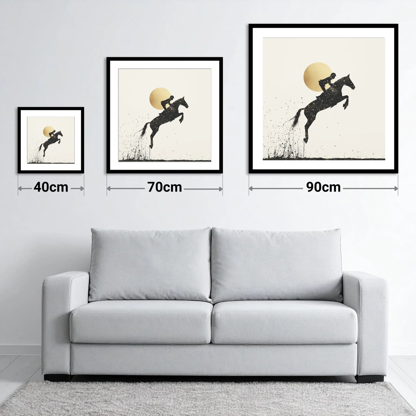 Golden Flight - size guide showing 40cm, 70cm and 90cm art prints