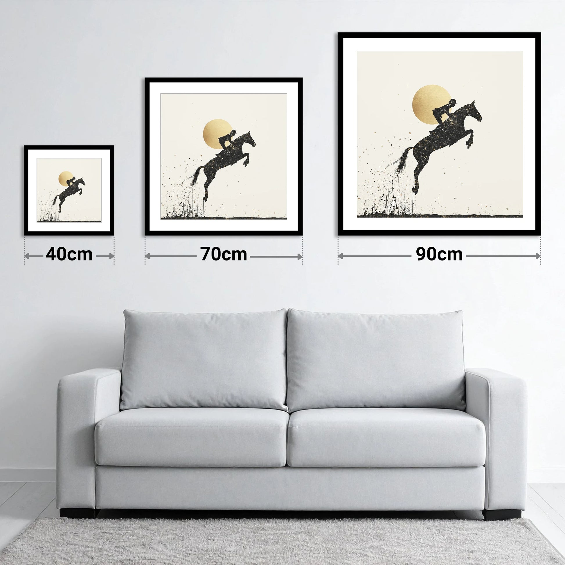 Golden Flight - size guide showing 40cm, 70cm and 90cm art prints