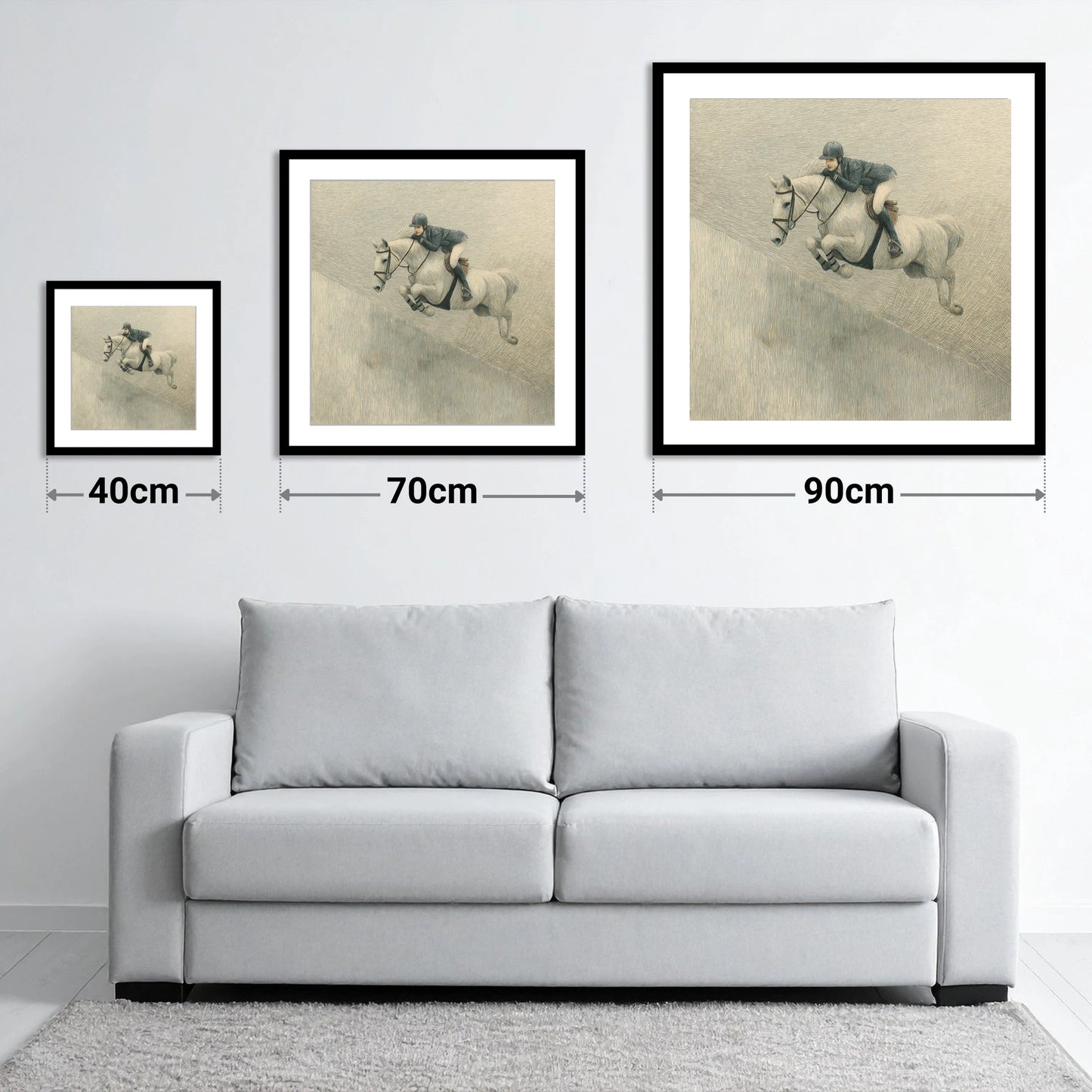 Suspended in Flight - size guide showing 40cm, 70cm and 90cm art prints