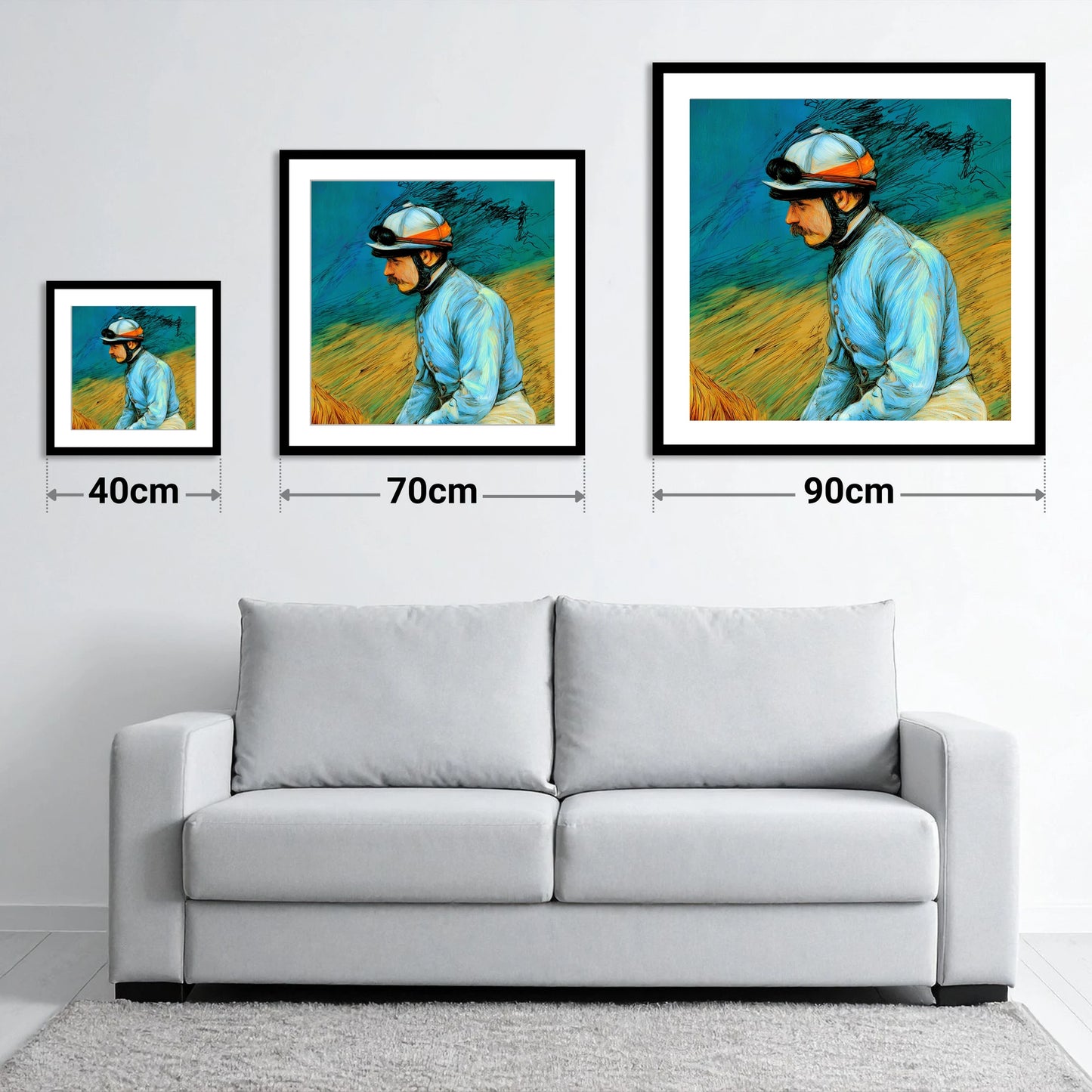 The Cerulean Silks - size guide showing 40cm, 70cm and 90cm art prints