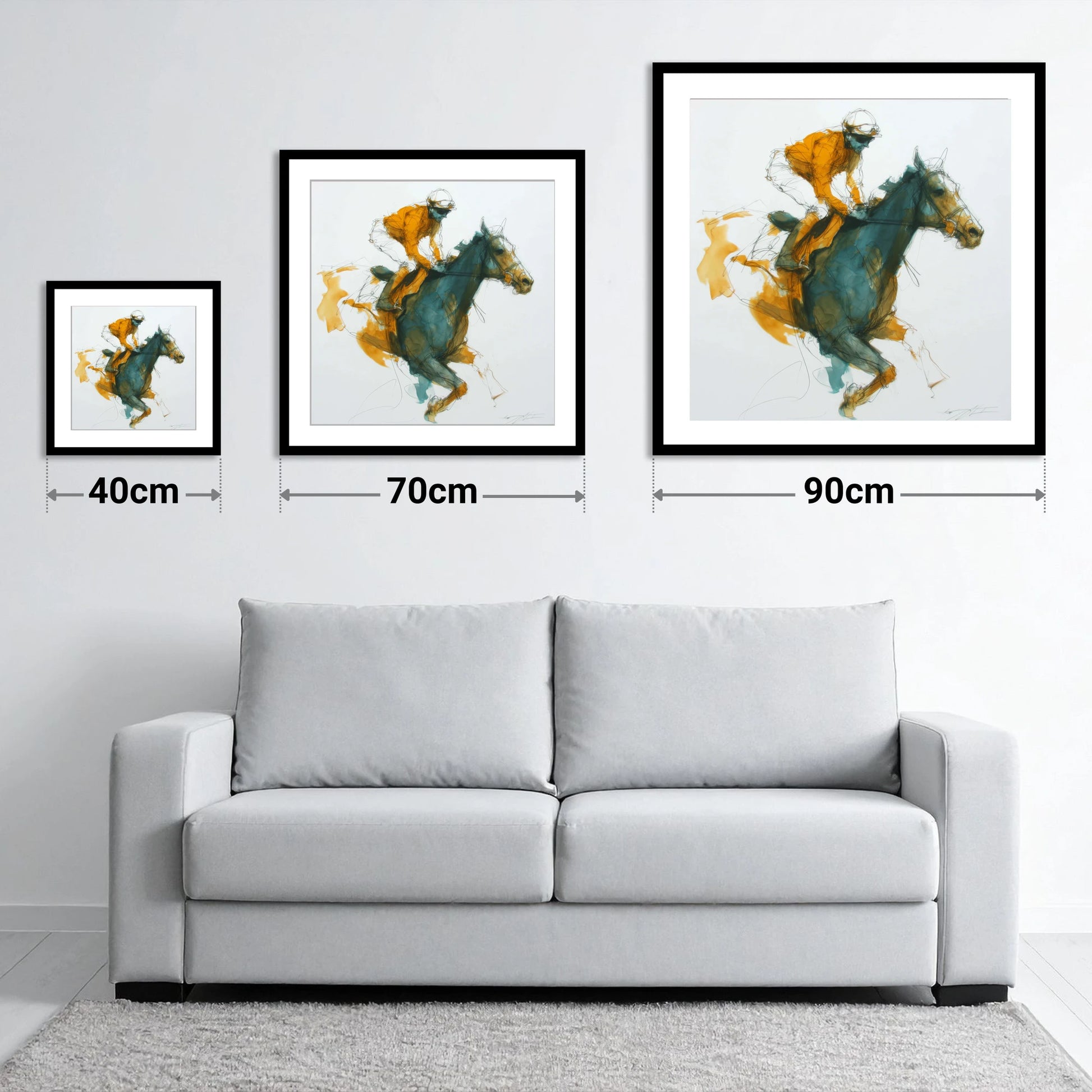 Amber Stride - size guide showing 40cm, 70cm and 90cm art prints