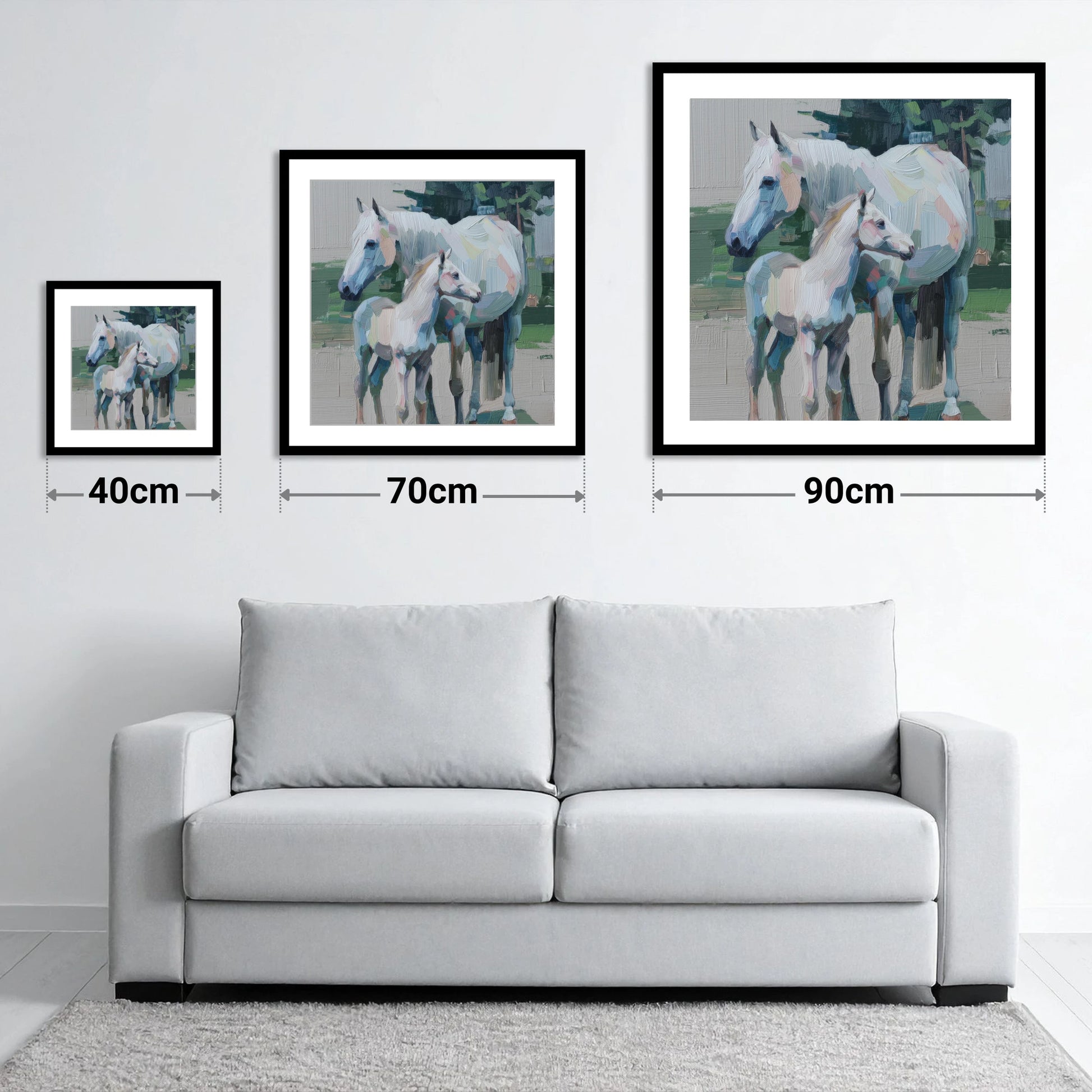 Textured Pastel Bond - size guide showing 40cm, 70cm and 90cm art prints